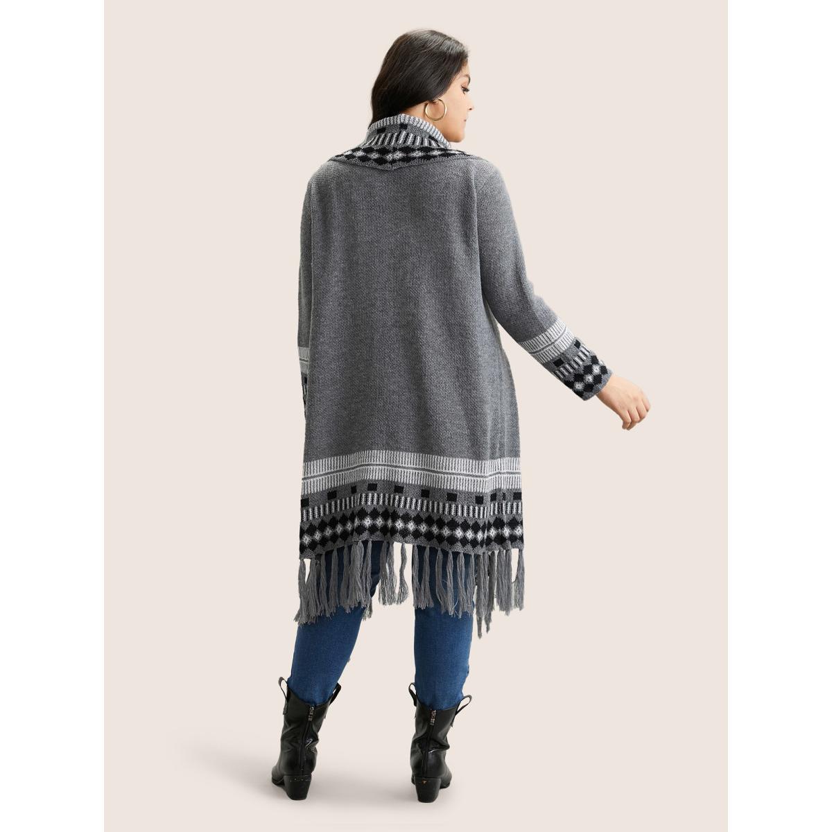 Plus Size Bandana Print Fringe Trim Maxi Cardigan Gray Women Casual Long Sleeve Everyday Cardigans BloomChic 12/L Product Image