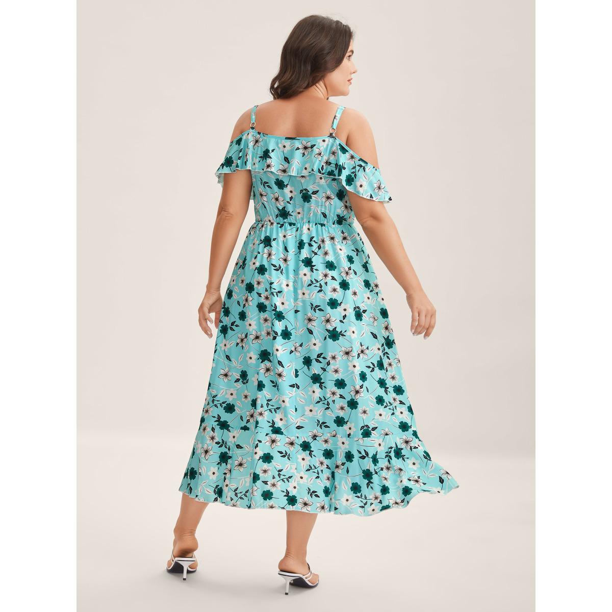 Plus Size Off-Shoulder Floral Print Adjustable Midi Dress Turquoise Women Non Sleeveless Curvy BloomChic 22-24/3X Product Image