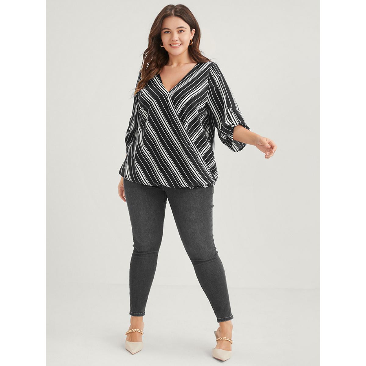 Plus Size Black Striped Button Cuffed Sleeve Wrap Blouse Women Vacation Short sleeve V-neck Dailywear Blouses BloomChic 14-16/1X Product Image