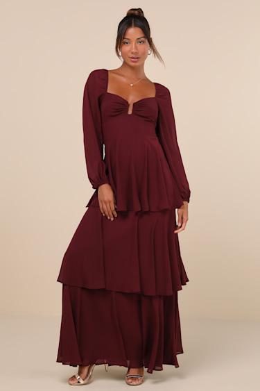 Tier to Enchant Burgundy Long Sleeve Tiered Maxi Dress Product Image