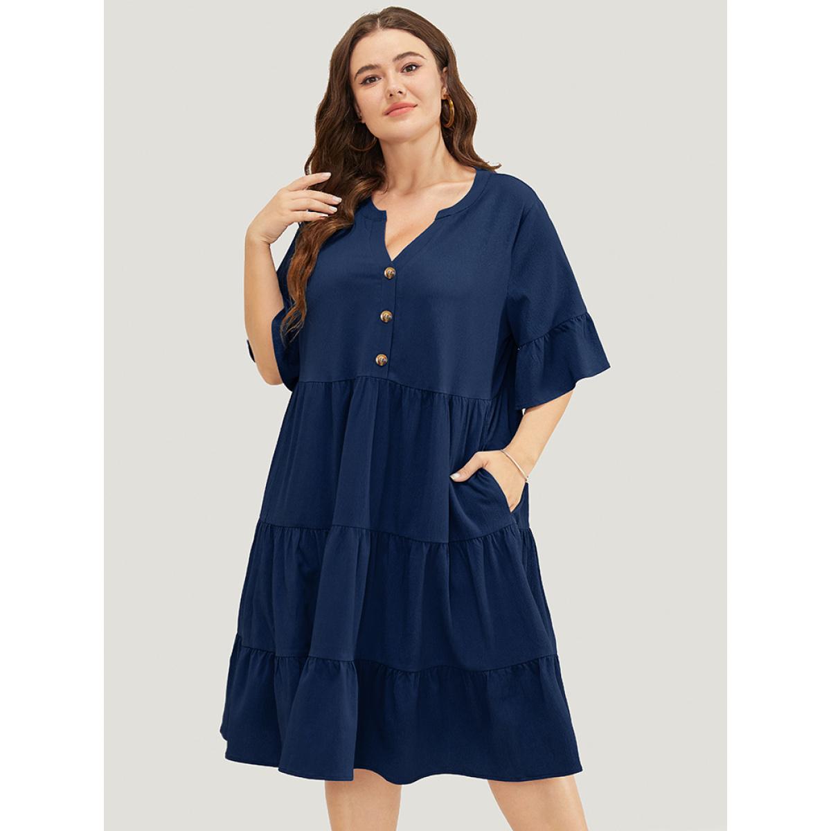Plus Size Solid Button Detail Pocket Ruffle Tiered Bell Sleeve Midi Dress DarkBlue Women Vacation Stand-up collar Half Sleeve Curvy Knee Dress BloomChic 12/L Product Image