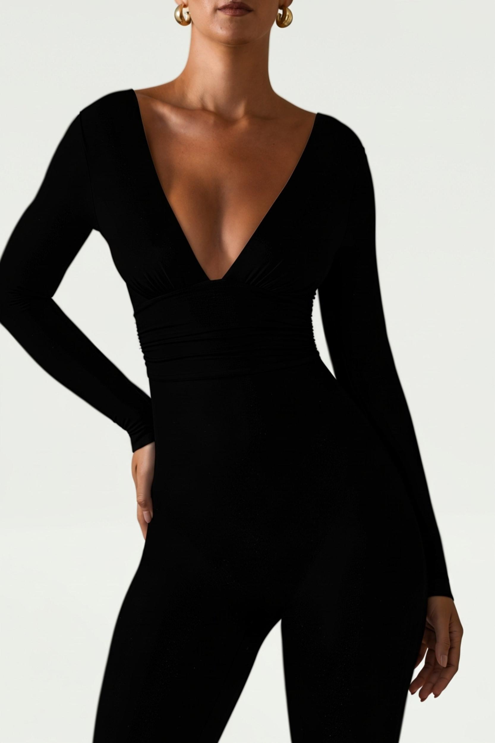 Modal Ruched Plunge Flared Jumpsuit in Black Product Image