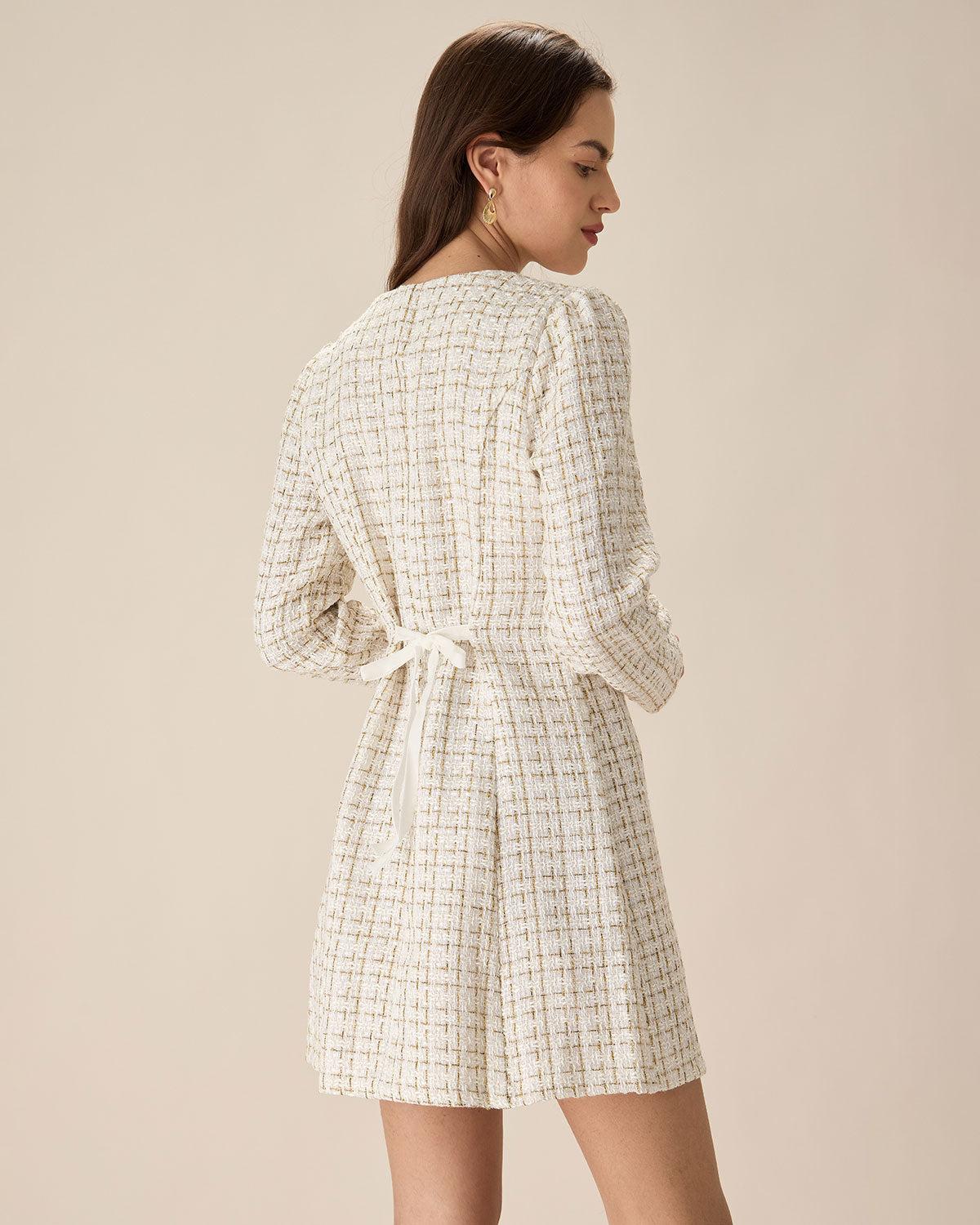 White Square Neck Tweed Mini Dress Product Image