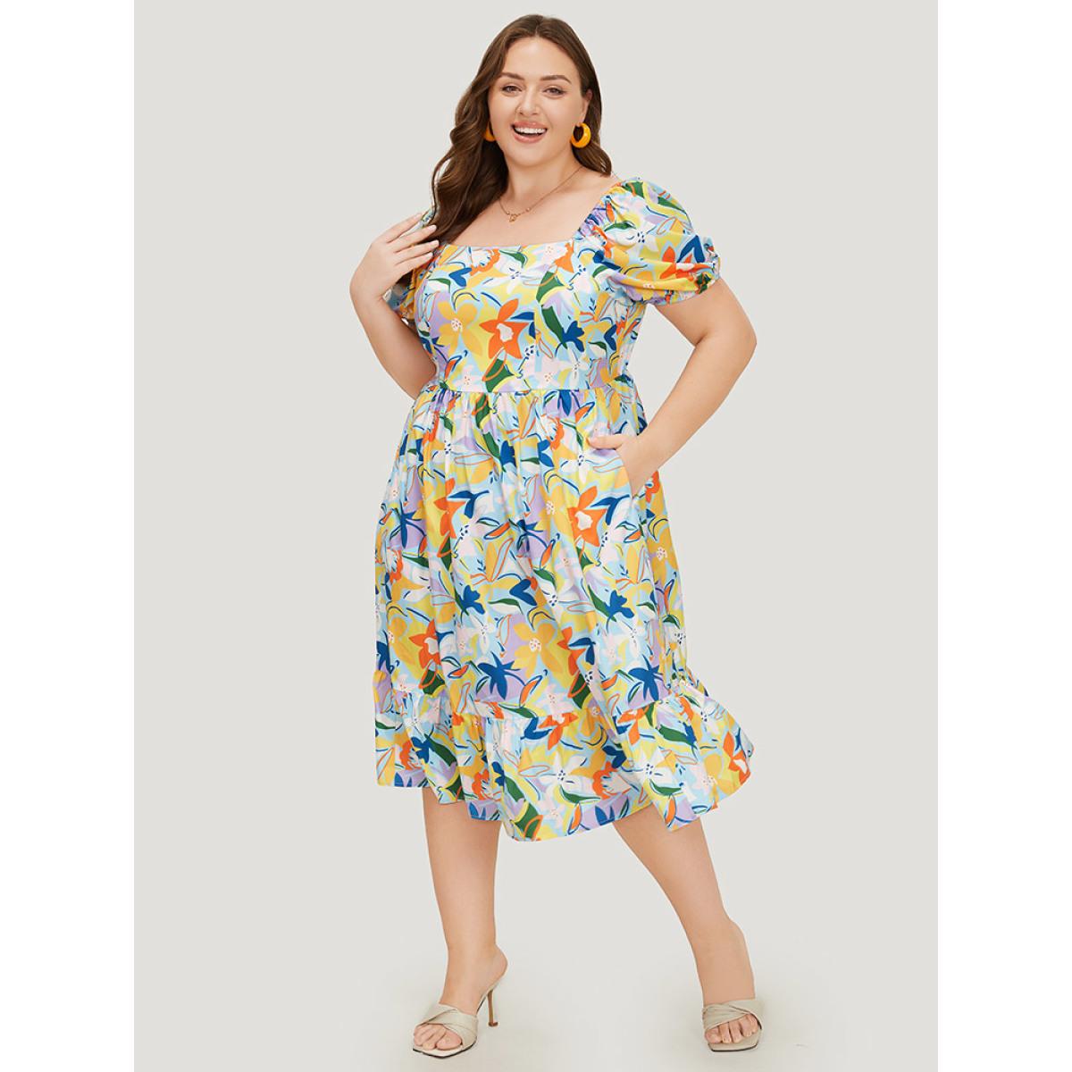 Plus Size Floral Print Pocket Ruffle Hem Square Neck Dress Multicolor Women Elegant Tiered Square Neck Short sleeve Curvy Midi Dress BloomChic 26/4X Product Image