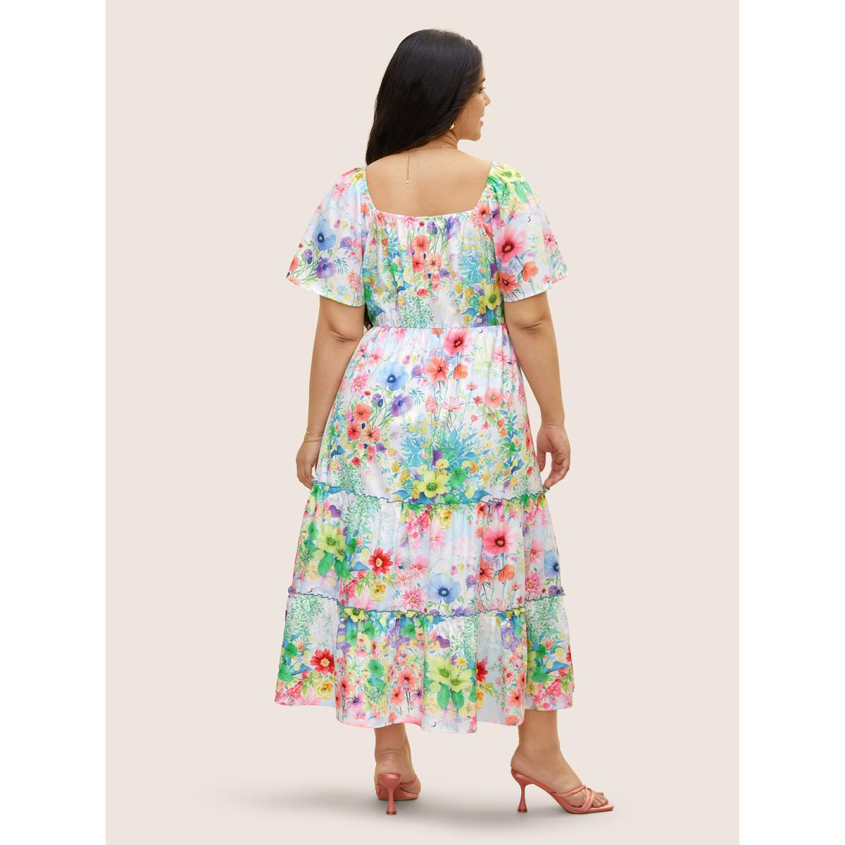 Plus Size Square Neck Floral Shirred Ruffle Layered Hem Dress Originalwhite Women Elegant Shirred Square Neck Short sleeve Curvy BloomChic 22-24/3X Product Image