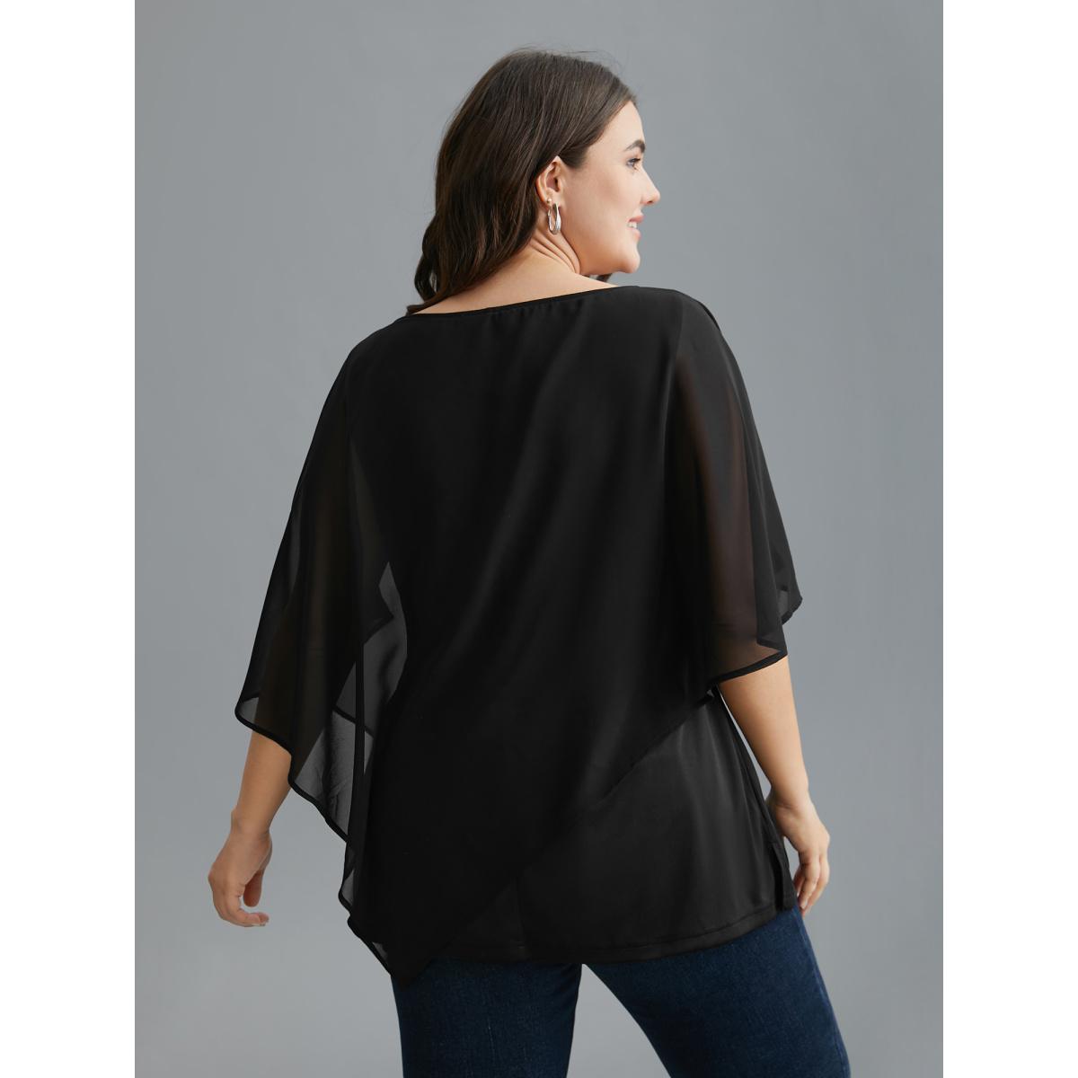 Plus Size Black Rhinestone Asymmetrical Hem Ruffle Sleeve Blouse Women Cocktail Half Sleeve Boat Neck Party Blouses BloomChic 10/M Product Image