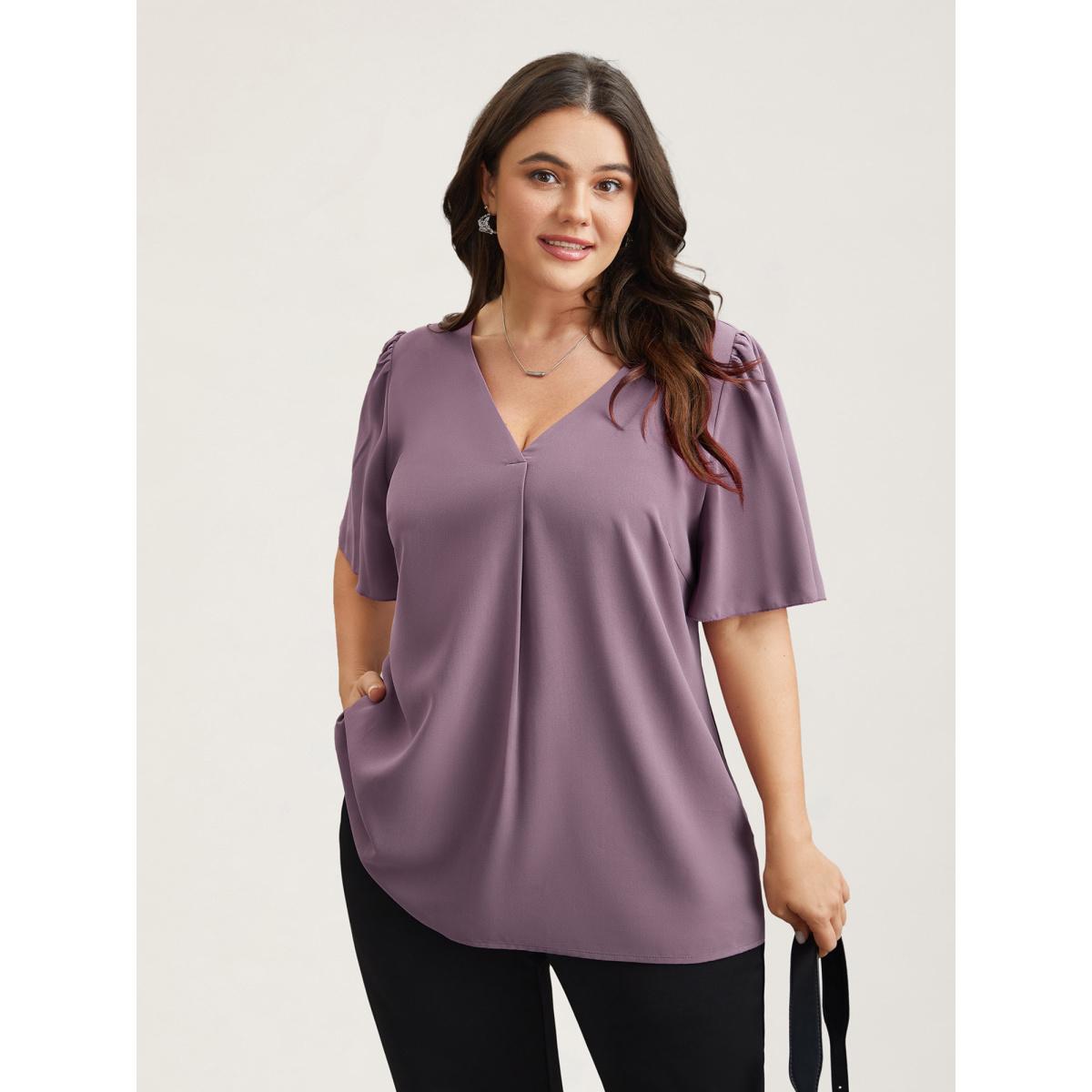 Plus Size Mauve Pleated-Front Flutter Sleeve Shirt Women At the Office Short sleeve V-neck Work Blouses BloomChic 30/6X Product Image