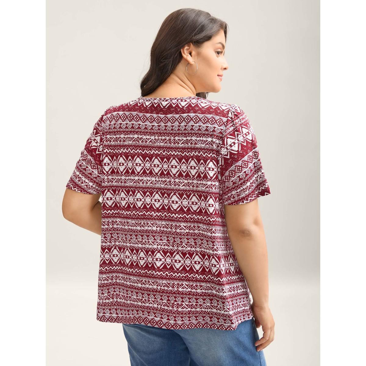 Plus Size Boho Print Square Neck T-Shirt Scarlet Women Leisure Gathered Square Neck Casual T-shirts BloomChic 12/L Product Image