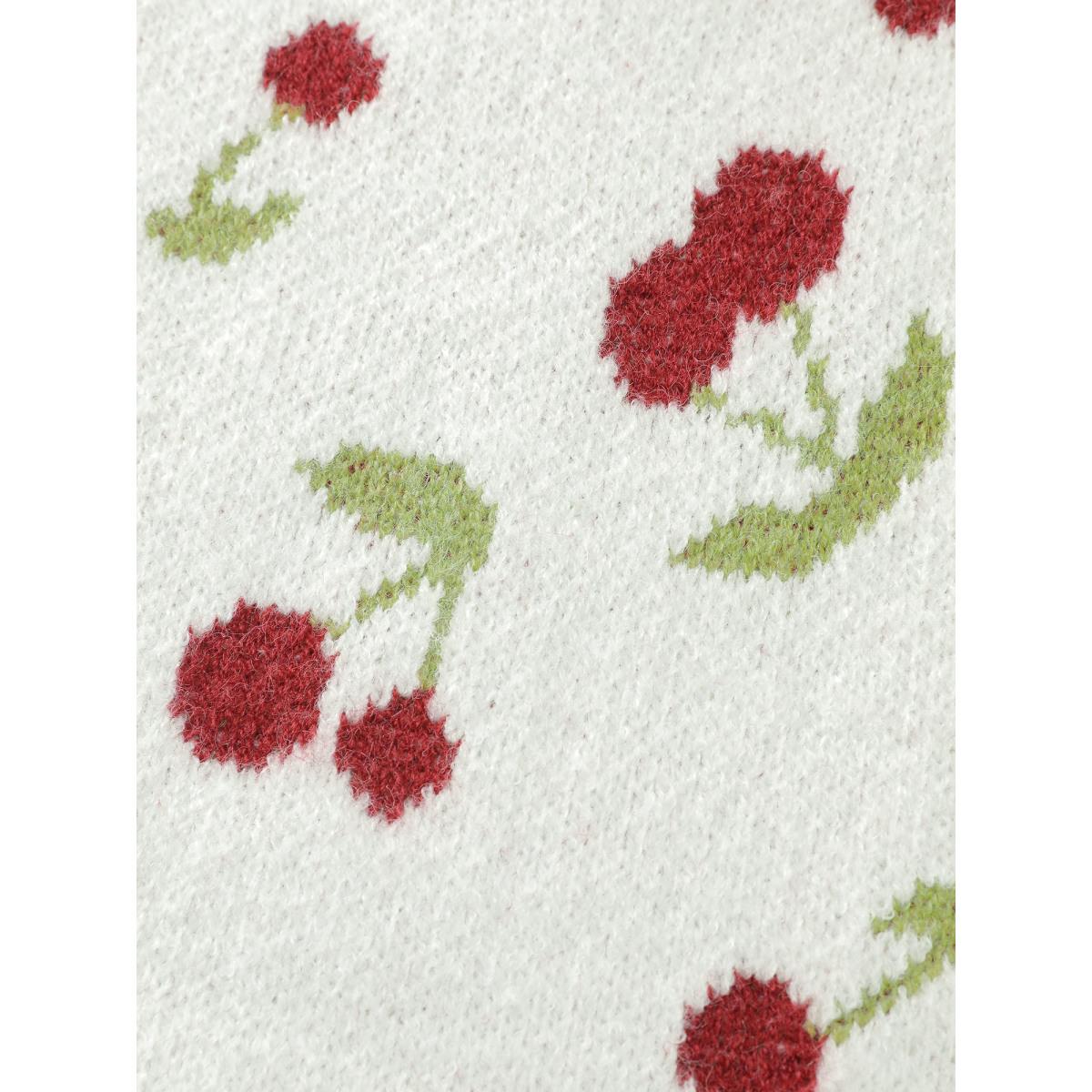 Plus Size Cherry Pattern Jacquard Pullover Ivory Women Casual Loose Long Sleeve Round Neck Casual Pullovers BloomChic 14-16/1X Product Image