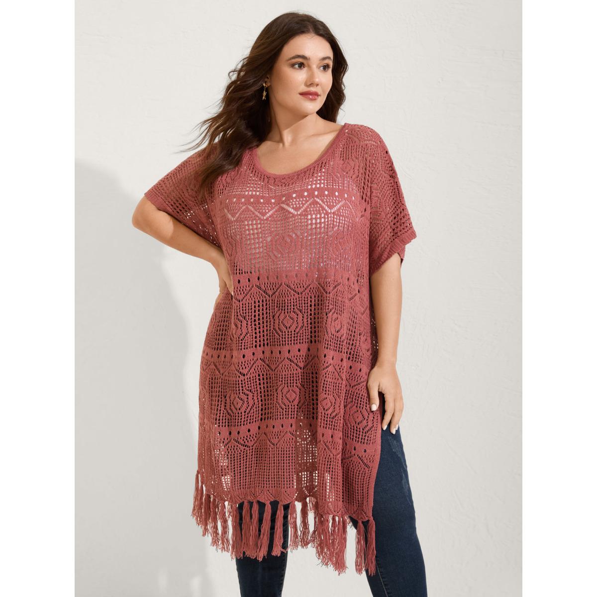 Plus Size Crochet Slit Tassels Swim Cover-Up Women's Swimwear Rust Beach Loose Texture Curve Swim Cover Ups BloomChic 18-20/2X Product Image