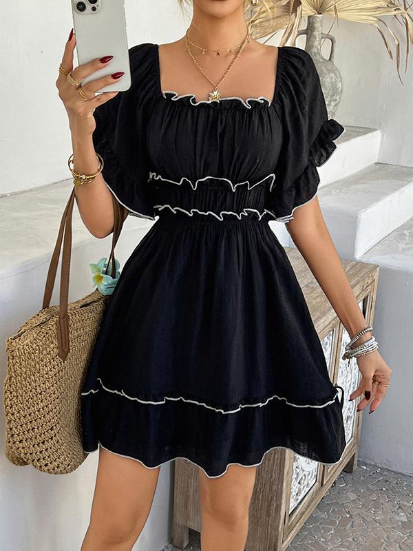 A-line High Waisted Elasticity Pleated Ruffle Trim Solid Color Square-neck Mini Dresses Product Image