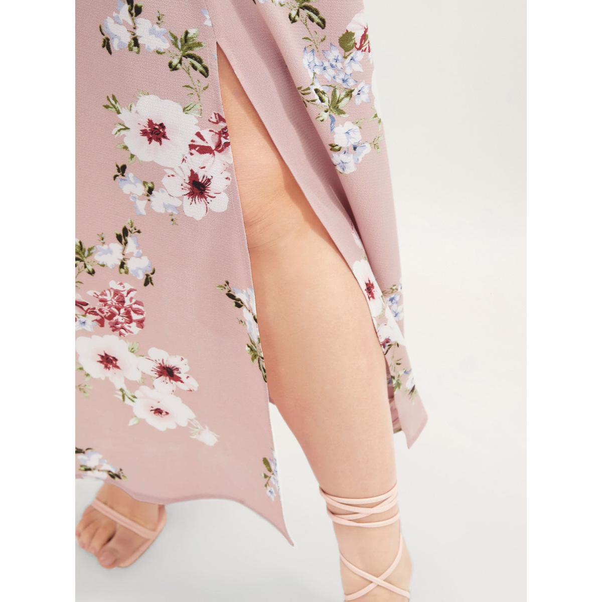 Plus Size Floral Square Neck Ruffles Pocket Shirred Split Dress DustyPink Women Romantic Non Square Neck Short sleeve Curvy BloomChic 30/6X Product Image