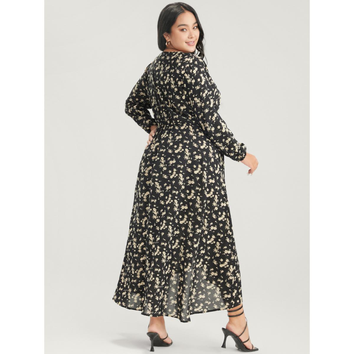Plus Size Floral Wrap Lantern Sleeve Pocket Asymmetrical Hem Dress Black Women Elegant Cross straps V-neck Long Sleeve Curvy Long Dress BloomChic 26/4X Product Image