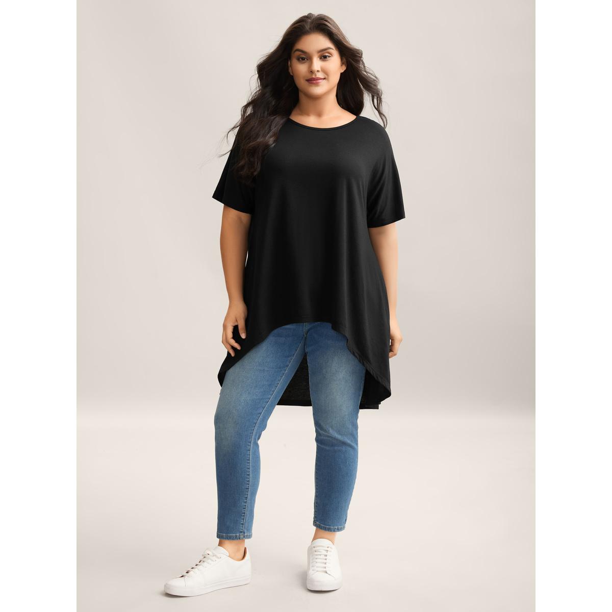 Plus Size Supersoft Stretchy High-Low Hem T-Shirt Black Women Leisure Non Round Neck Loose Casual T-shirts BloomChic 22-24/3X Product Image