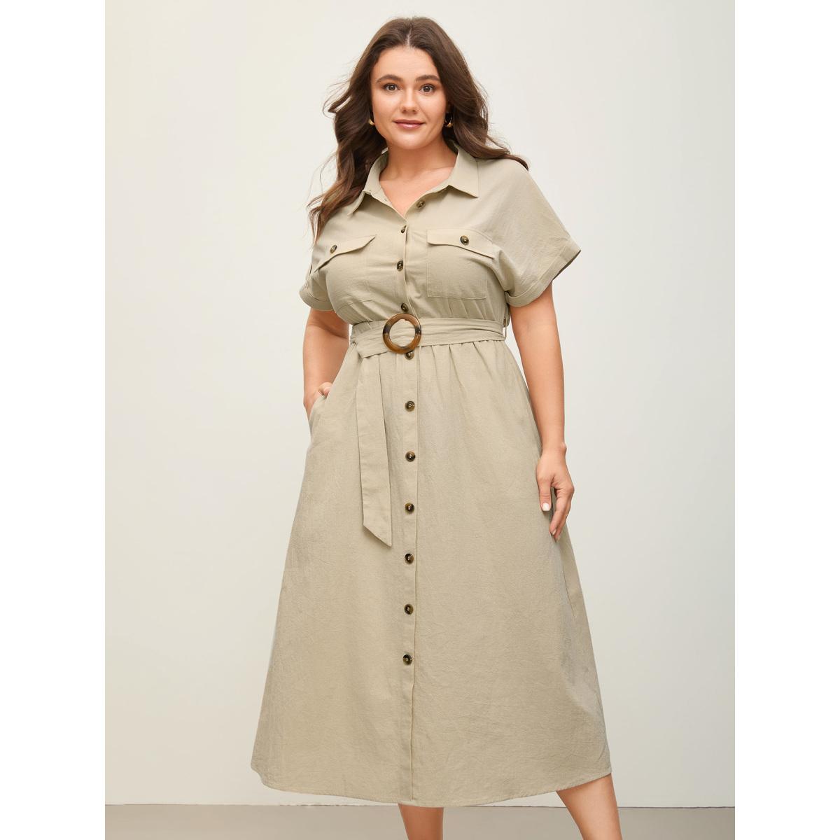 Plus Size Pure Cotton Button-Front Belted Midi Dress Apricot Women Office Belted Shirt collar Short sleeve Curvy BloomChic 14-16/1X Product Image