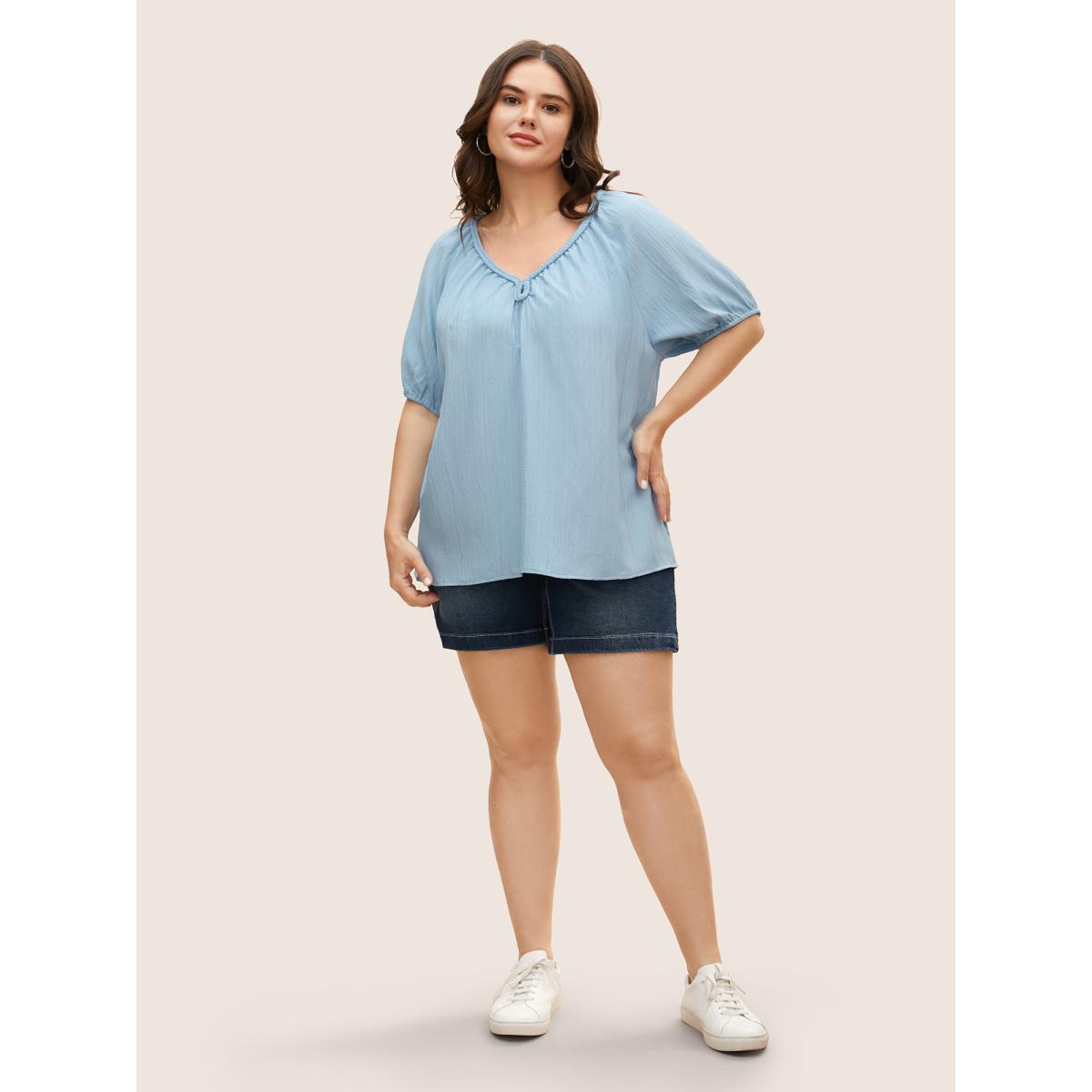 Plus Size LightBlue Plain Textured Woven Ribbon Keyhole Blouse Women Casual Short sleeve V-neck Everyday Blouses BloomChic 10/M Product Image