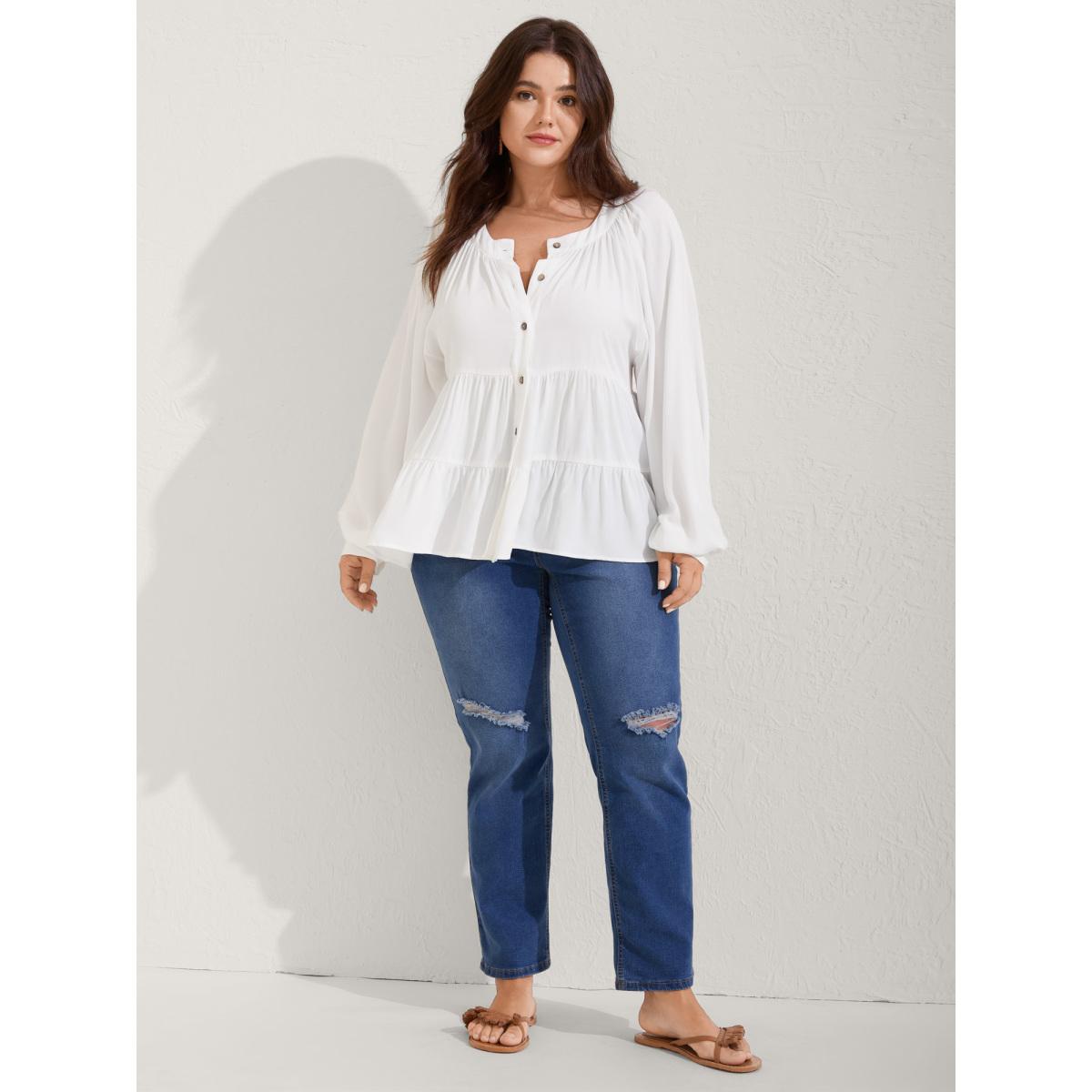 Plus Size Originalwhite Tiered Button Placket Puffy Sleeve Blouse Women Boho Extra Long Sleeve Round Neck Vacation Blouses BloomChic 18-20/2X Product Image