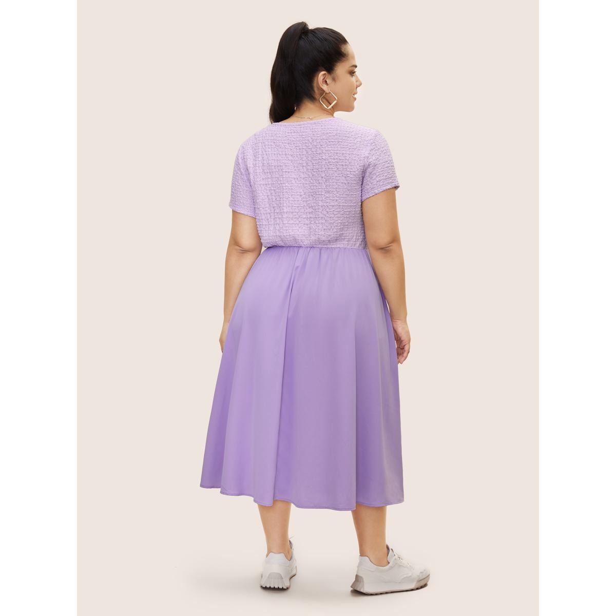 Plus Size V Neck Solid Textured Patchwork Midi Dress Lilac Women Casual Texture V-neck Short sleeve Curvy BloomChic 22-24/3X Product Image