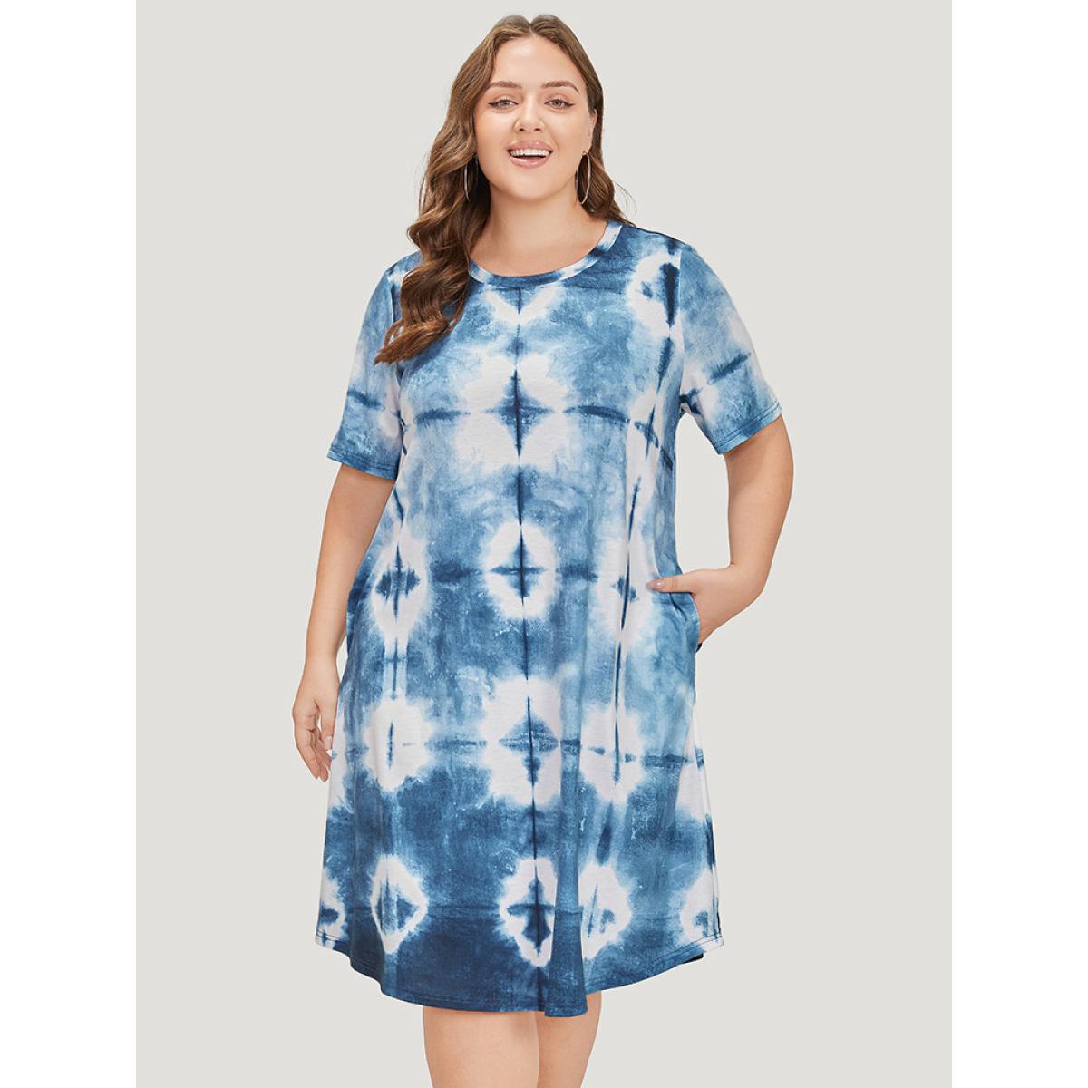 Plus Size Tie Dye Pocket Ruffle Hem Crew Neck Dress Blue Women Casual Printed Round Neck Short sleeve Curvy Midi Dress BloomChic 22-24/3X Product Image