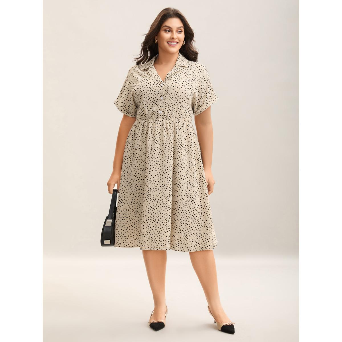 Plus Size Polka Dot Print Shirt Collar Midi Dress Champagne Women Button Shirt collar Short sleeve Curvy BloomChic 22-24/3X Product Image
