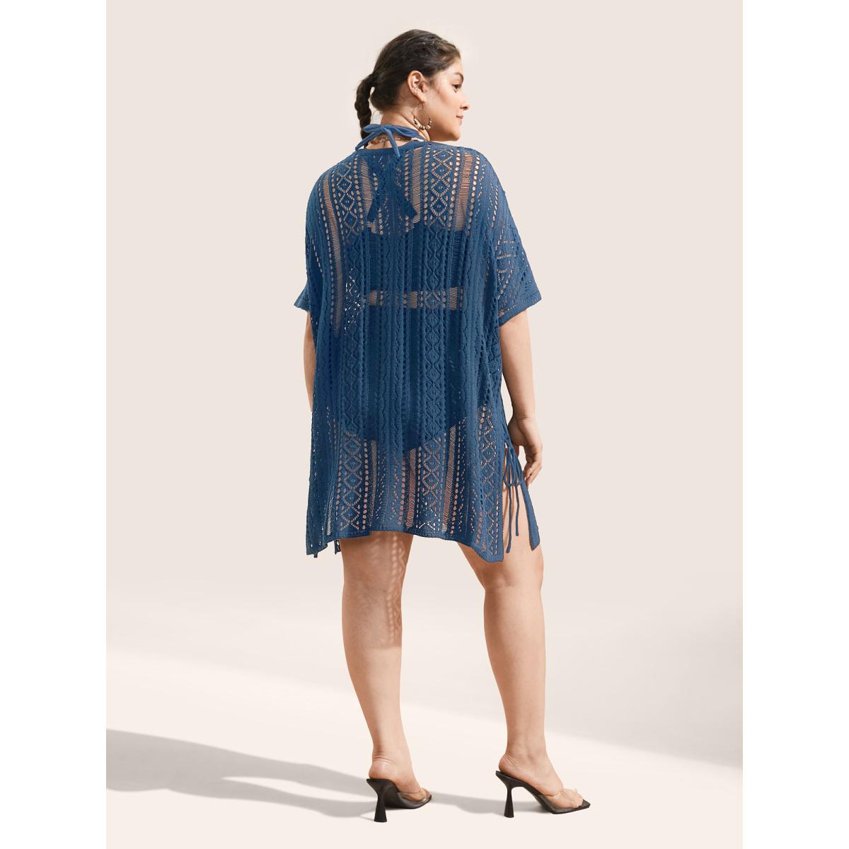 Plus Size Plain Texture Ties Hollow Out Split Hem Swim Cover Up Women's Swimwear Aegean Beach Cut-Out Curve Swim Cover Ups BloomChic 14-16/1X Product Image
