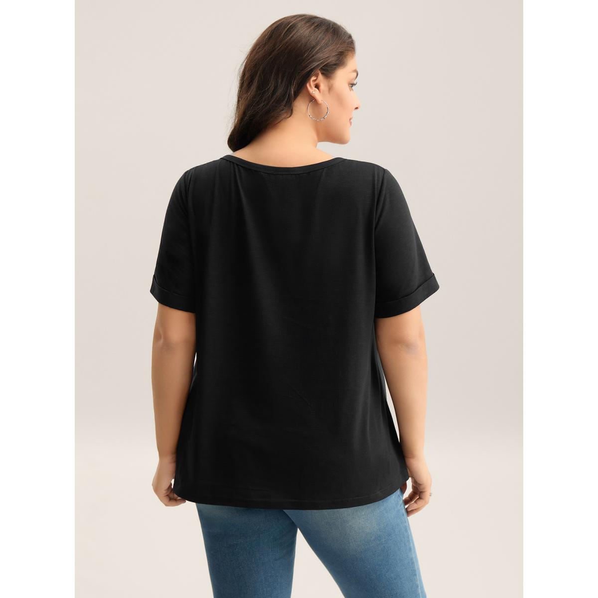 Plus Size Solid Split Neck Button Detail T-Shirt Black Women Leisure Button Notched collar Casual T-shirts BloomChic 30/6X Product Image