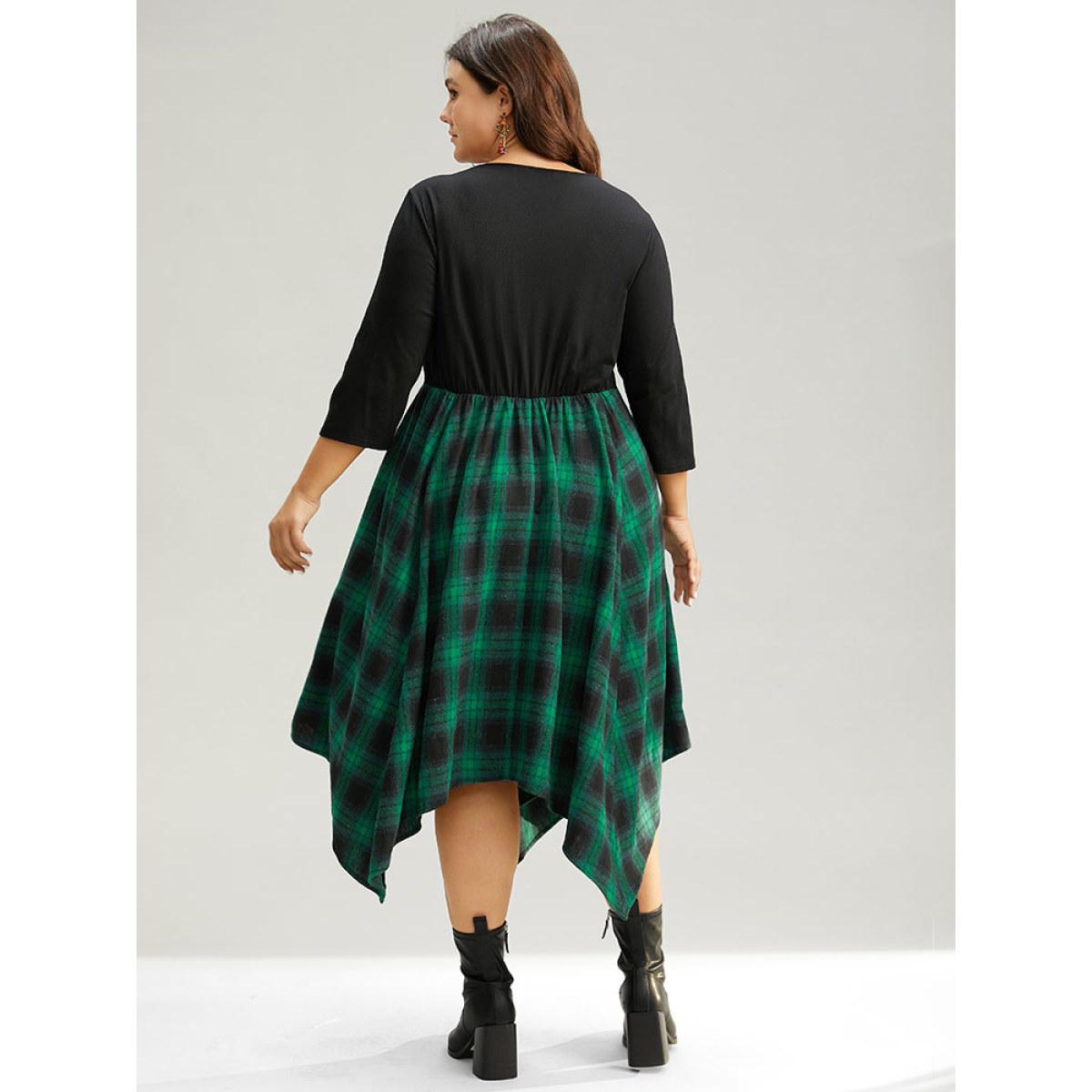 Plus Size Christmas Plaid Asymmetrical Patchwork Hanky Hem Dress DarkGreen Women Casual Patchwork Asymmetrical Neck Elbow-length sleeve Curvy Midi Dress BloomChic 10/M Product Image