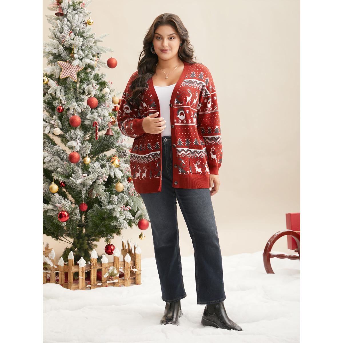 Plus Size Supersoft Essentials Home-for-Holidays Button-Front Cardigan Brightred Women Elegant Loose Long Sleeve Everyday Cardigans BloomChic 26/4X Product Image