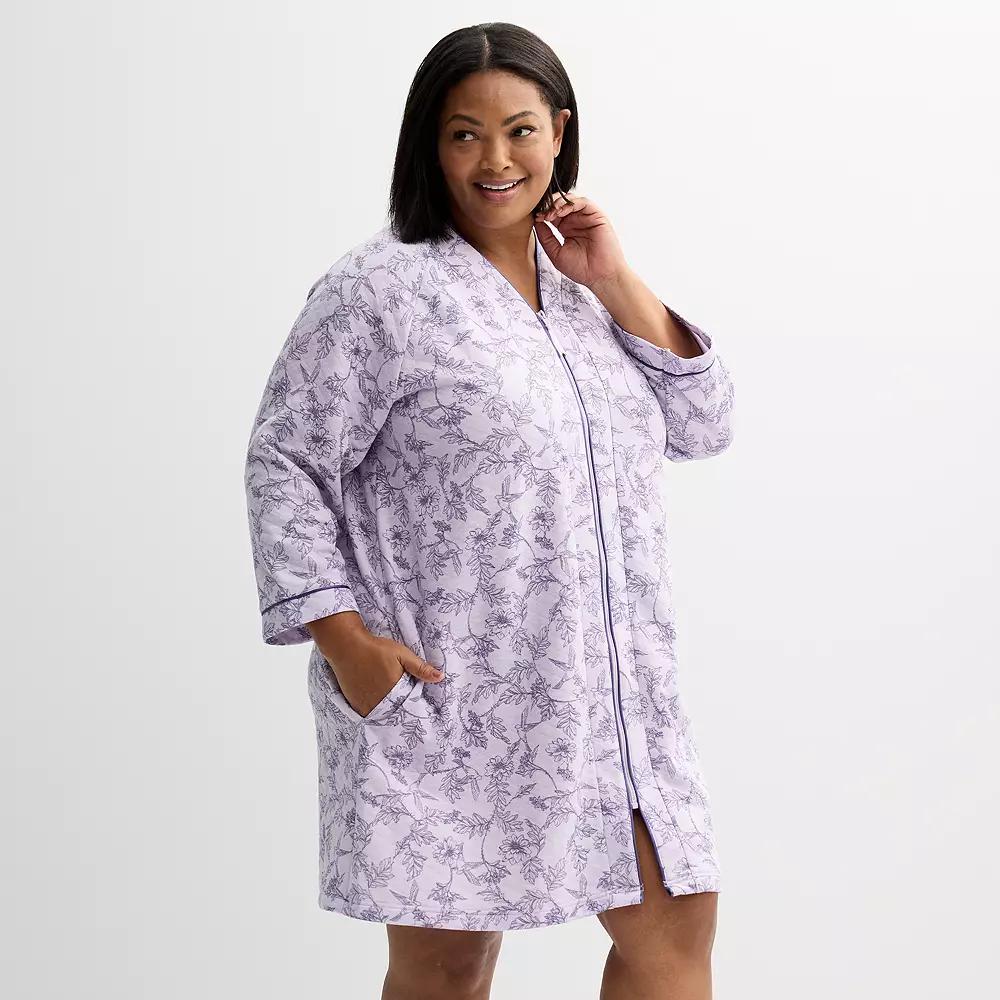 Plus Size Croft & Barrow® Quilted Zip Short Robe, Women's, Size: 3XL, Floral Bird Product Image