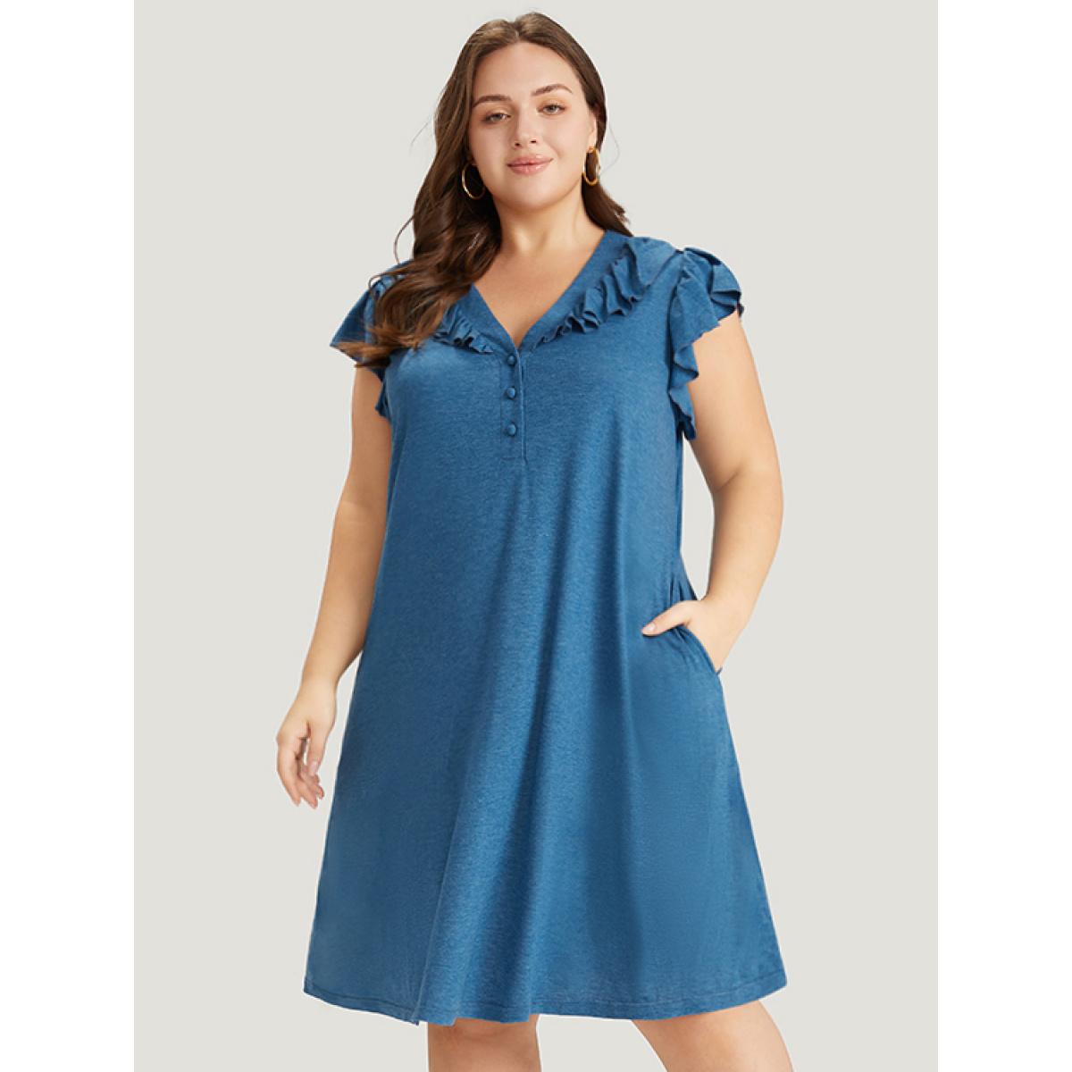 Plus Size Supersoft Essentials Plain Pocket Button Through Flutter Dress Aegean Women Casual Button V-neck Cap Sleeve Curvy Midi Dress BloomChic 10/M Product Image