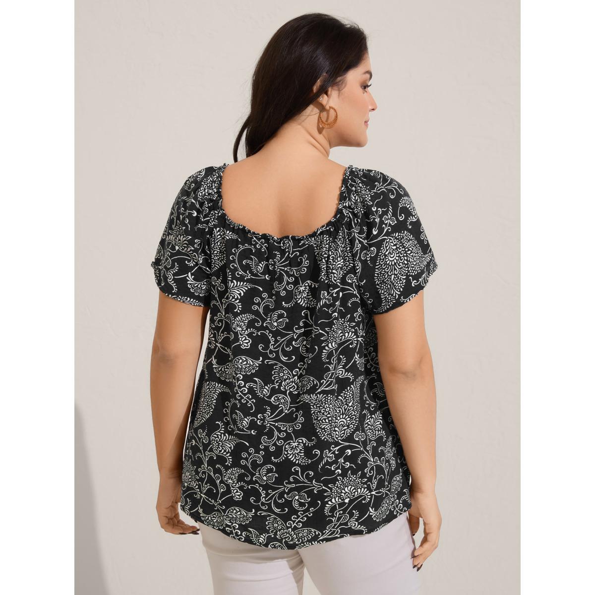 Plus Size Black Floral Print Shirred Neck Flowy Blouse Women Boho Short sleeve Square Neck Vacation Blouses BloomChic 10/M Product Image