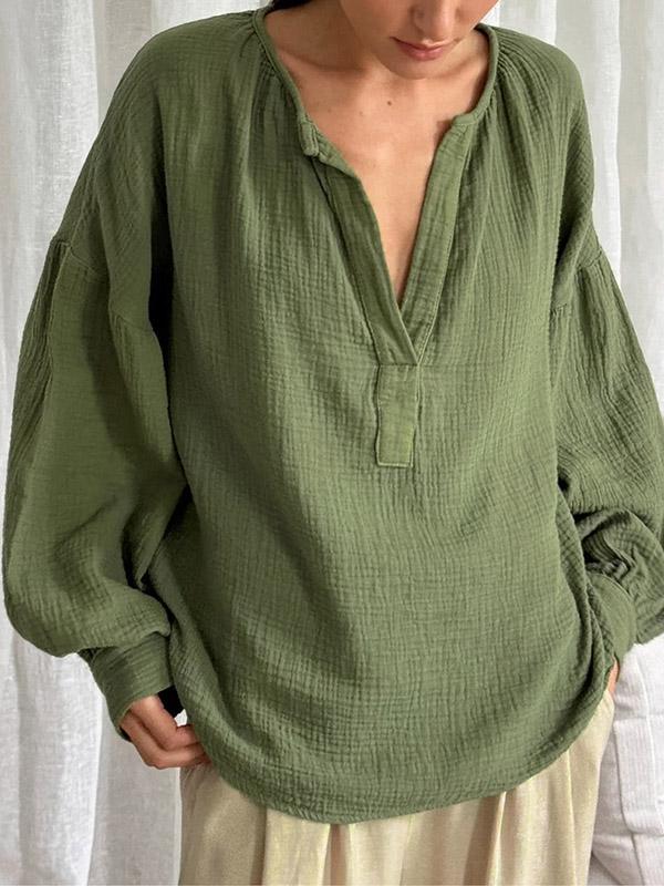 Loose Puff Sleeves Pleated Solid Color Split-Joint V-Neck Blouses&Shirts Tops Product Image