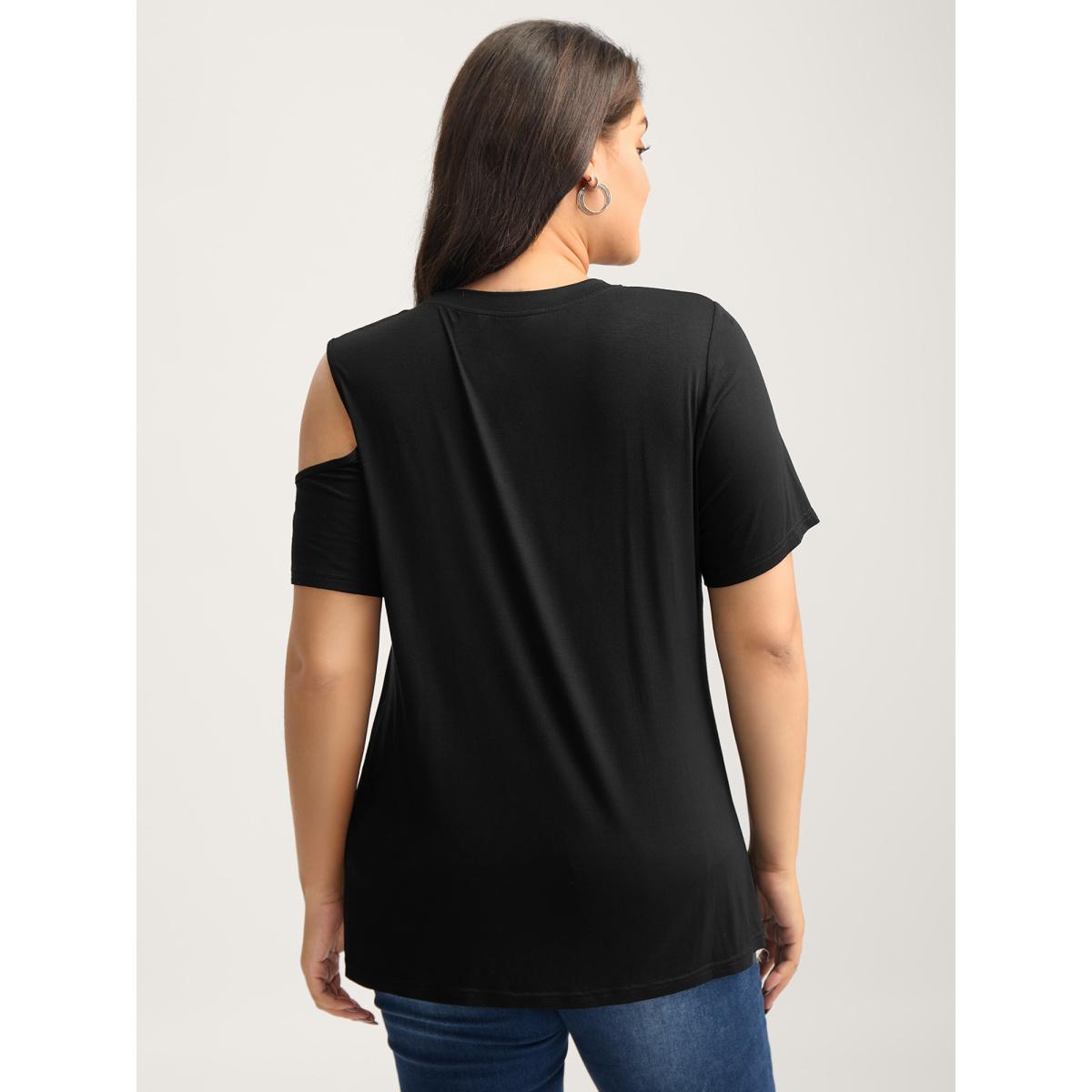 Plus Size Supersoft Solid Cut-Out Shoulder T-Shirt Black Women Timeless Cut-Out Round Neck Elegant T-shirts BloomChic 18-20/2X Product Image