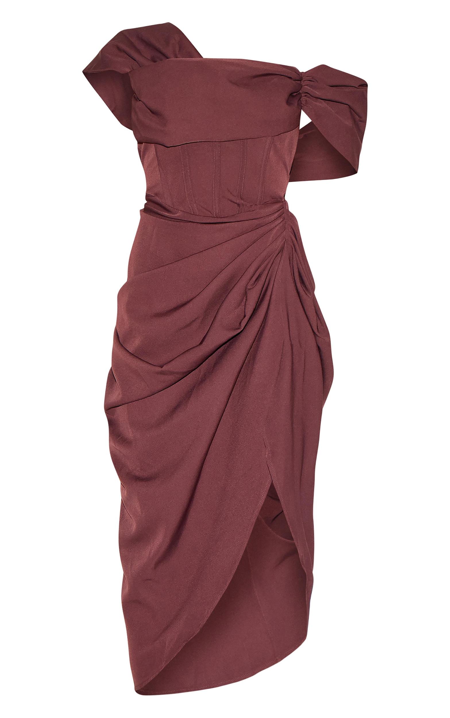 Chocolate Corset Bardot Draped Midi Dress Product Image