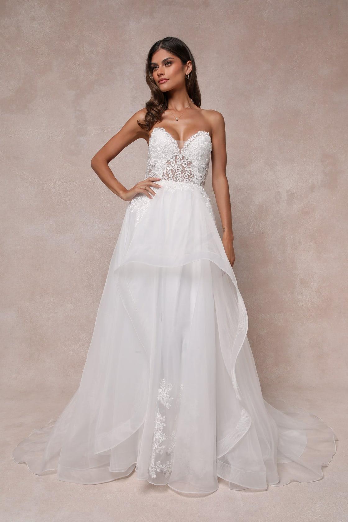 Mine, All Mine White Embroidered Organza Strapless A-Line Gown Product Image