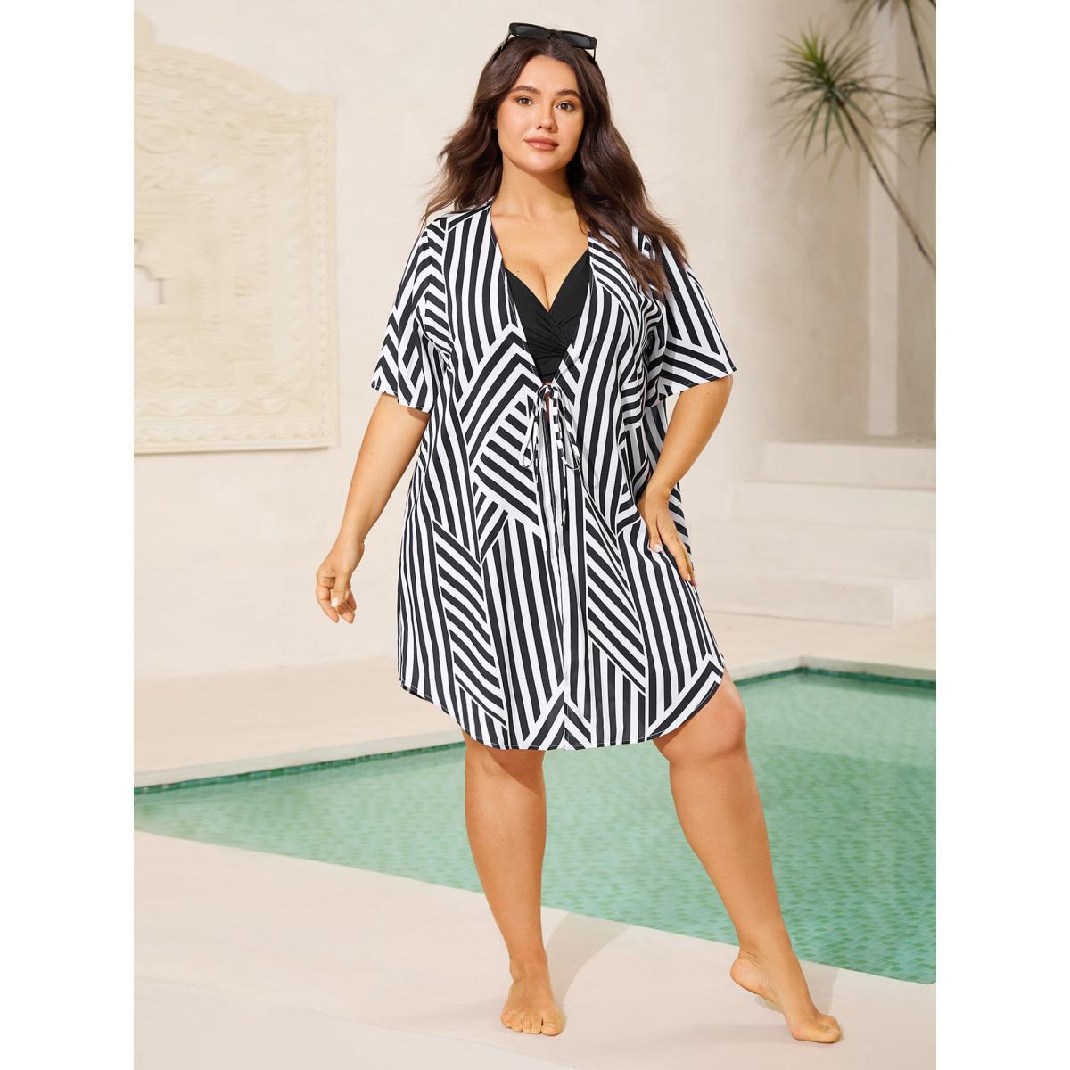 Plus Size Asymmetrical Stripes Front-Tie Kimono Women Black Tie knot Loose Vacation Kimonos BloomChic 10/M Product Image