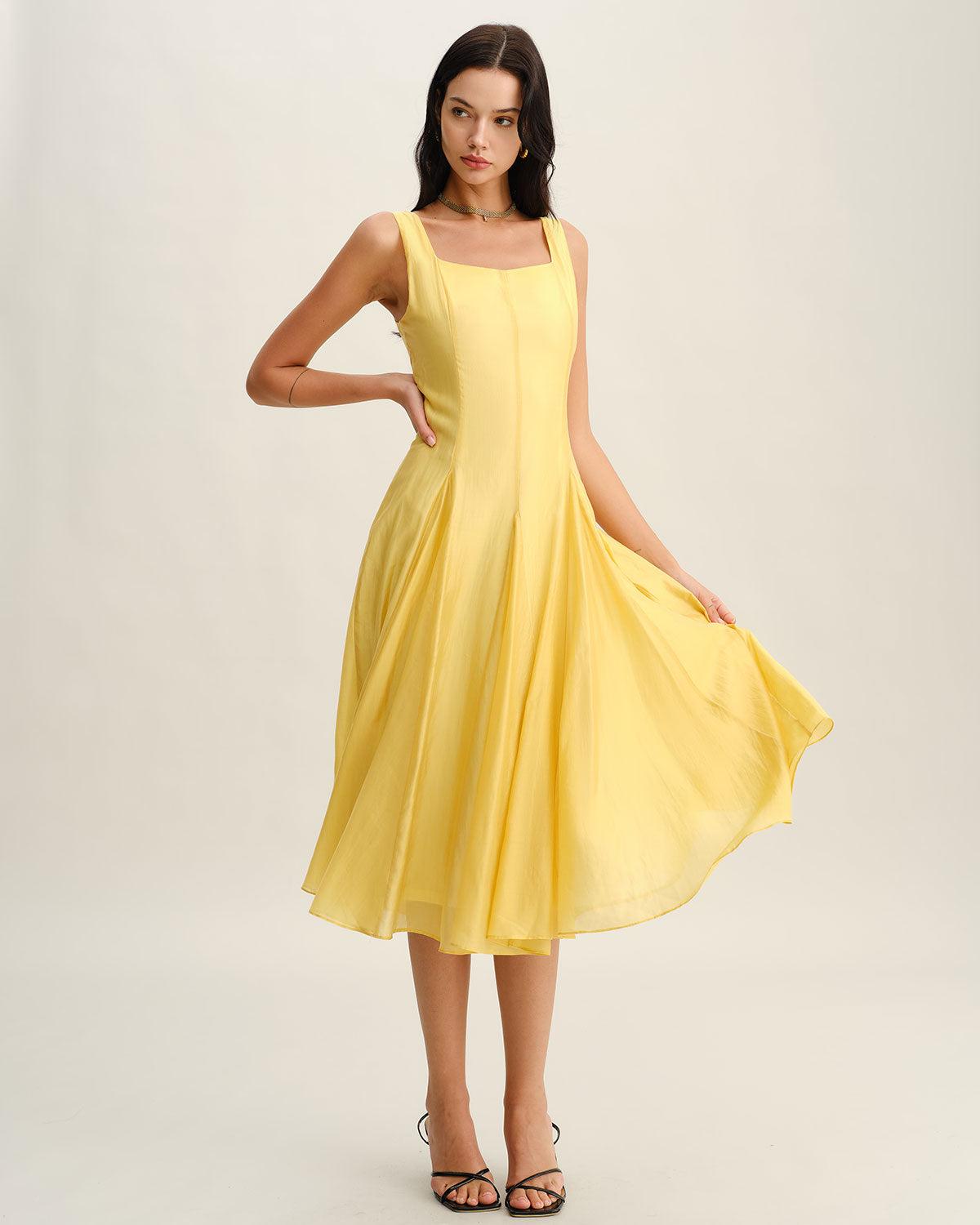 Yellow Square Neck Pleated Slip Midi Dress Product Image
