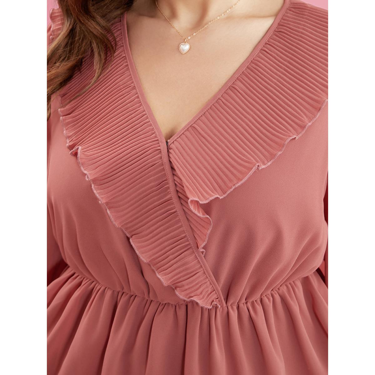 Plus Size DustyPink Solid Lantern Sleeve Pleated Ruffle Trim Wrap Blouse Women Elegant Long Sleeve V-neck Dailywear Blouses BloomChic 12/L Product Image
