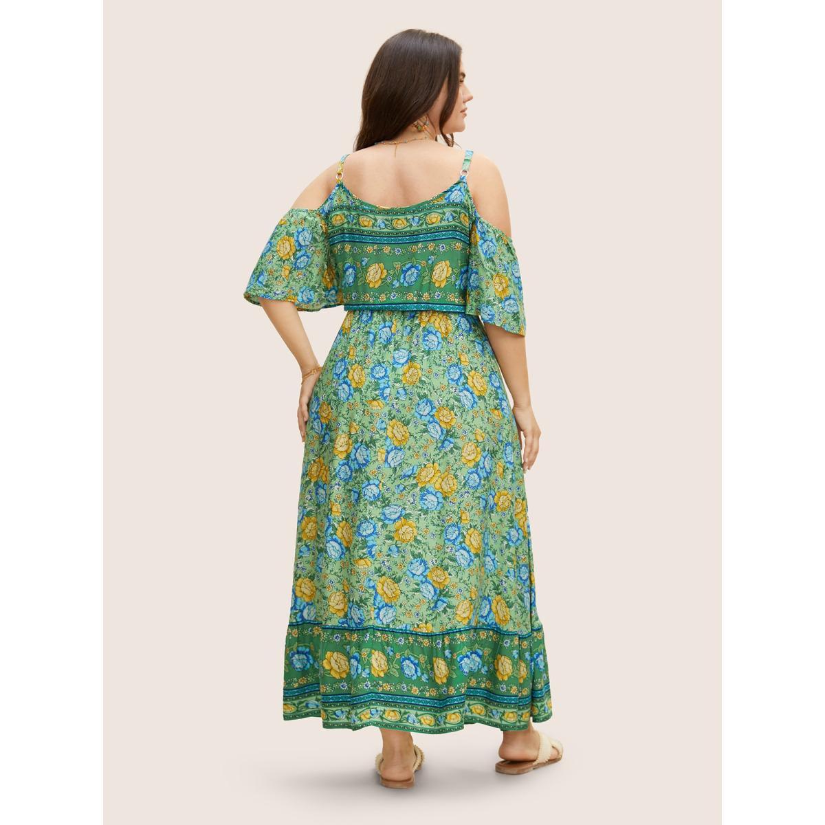 Plus Size Floral Print Pocket Keyhole Ruffles Cold Shoulder Maxi Dress Malachitegreen Women Resort Non Non Half Sleeve Curvy Long Dress BloomChic 14-16/1X Product Image