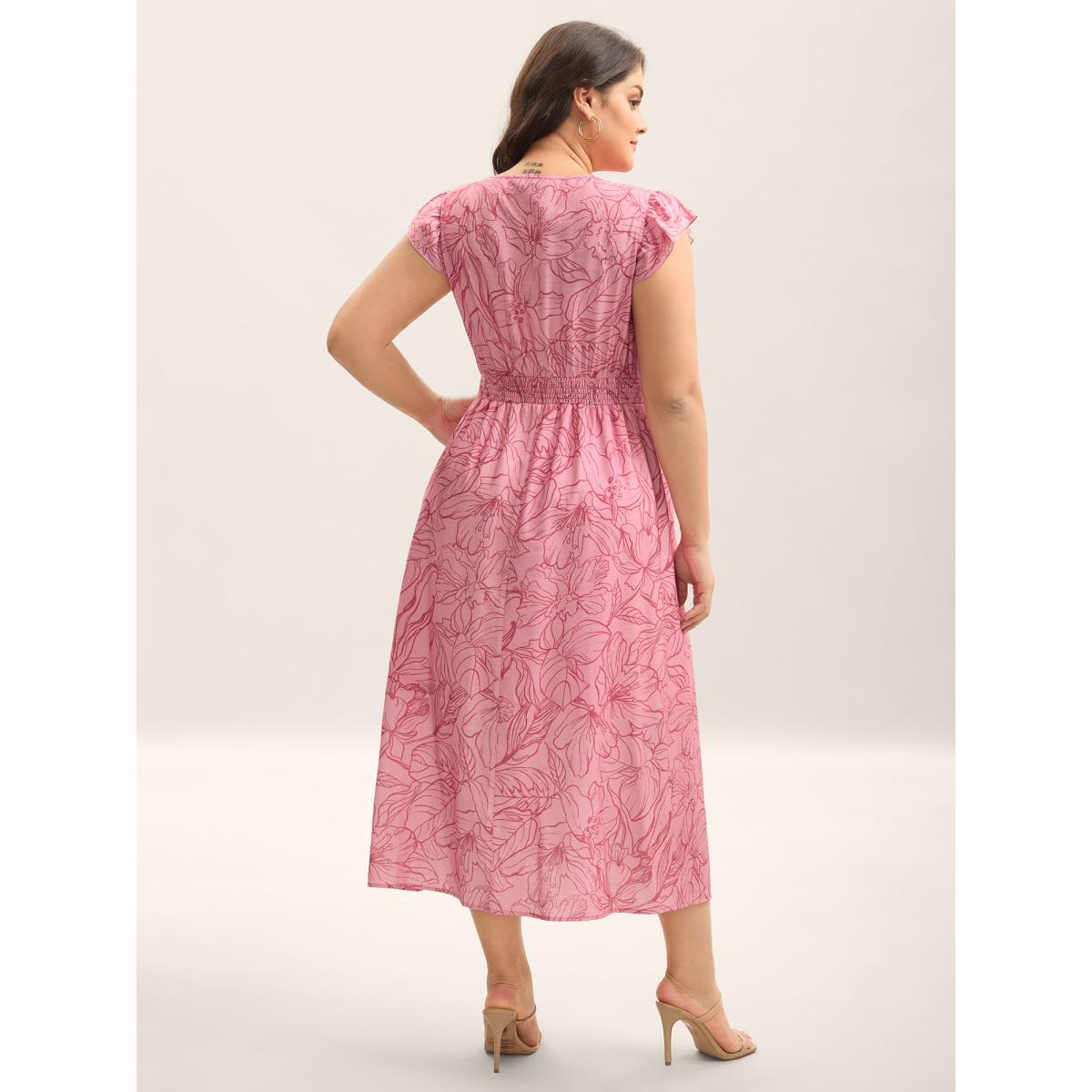 Plus Size Floral Lines Cinched-Waist Pockets Midi Dress Blush Women V-neck Cap Sleeve Curvy BloomChic 14-16/1X Product Image