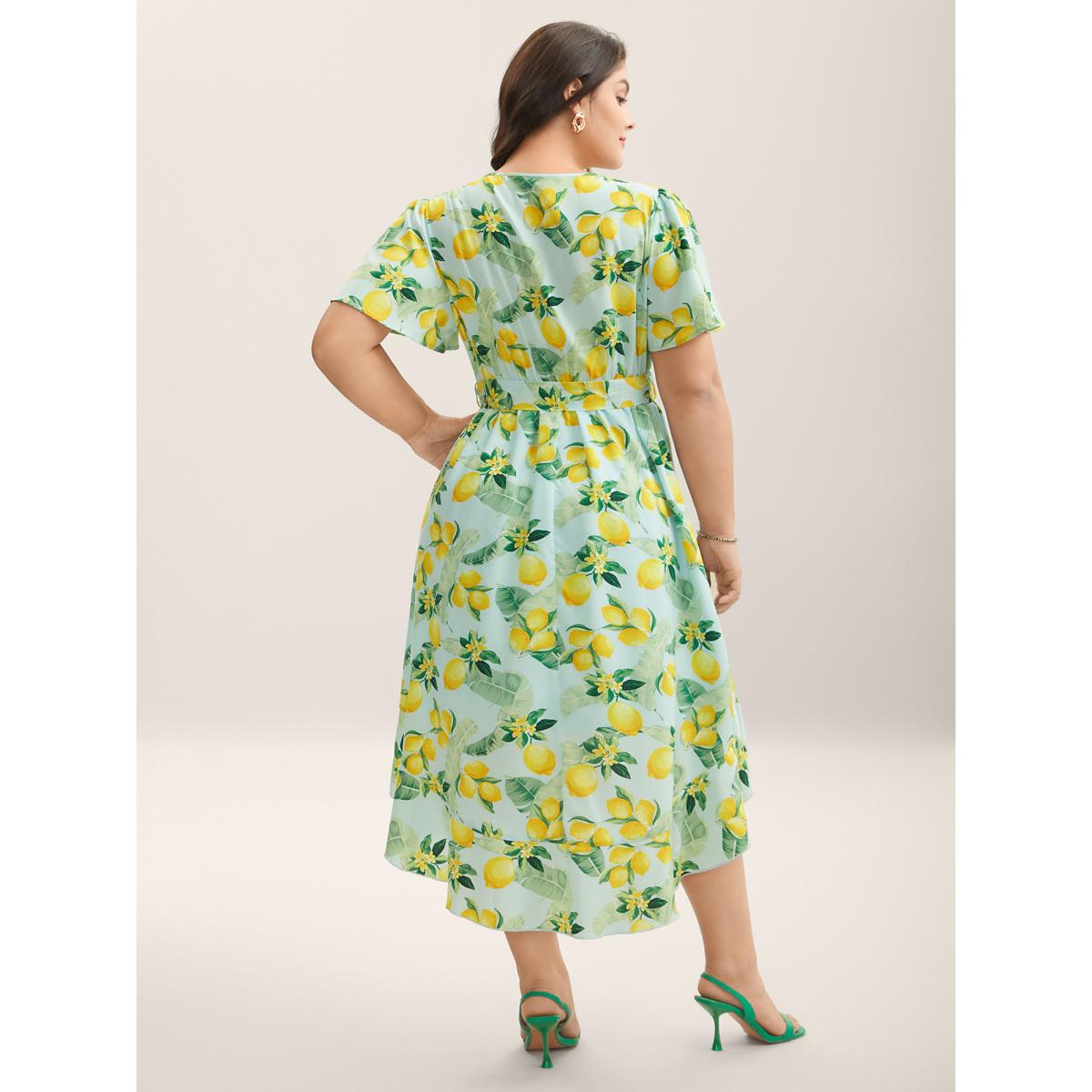 Plus Size Citrus Print Ruffled Hem Belted Midi Dress LightBlue Women Overlap Collar Short sleeve Curvy BloomChic 22-24/3X Product Image