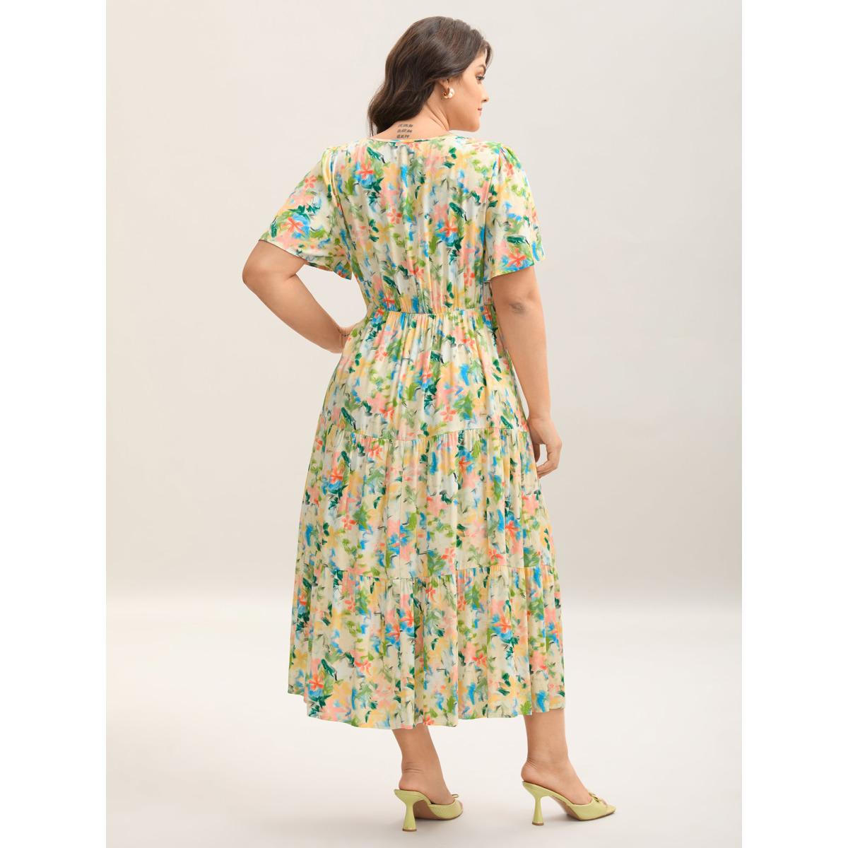 Plus Size Floral Print Cinched Bust Tiered Maxi Dress Multicolor Women V-neck Short sleeve Curvy BloomChic 12/L Product Image