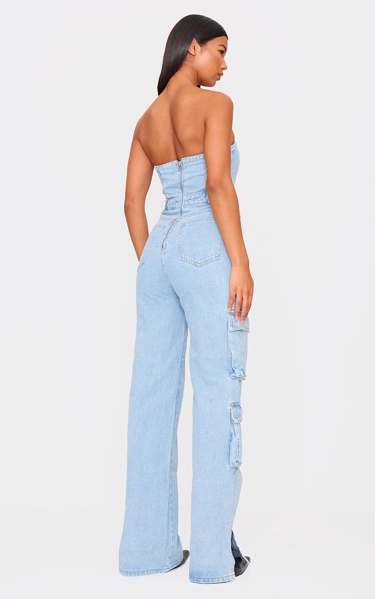 Light Blue Wash Cargo Pocket Bandeau Denim Jumpsuit Product Image