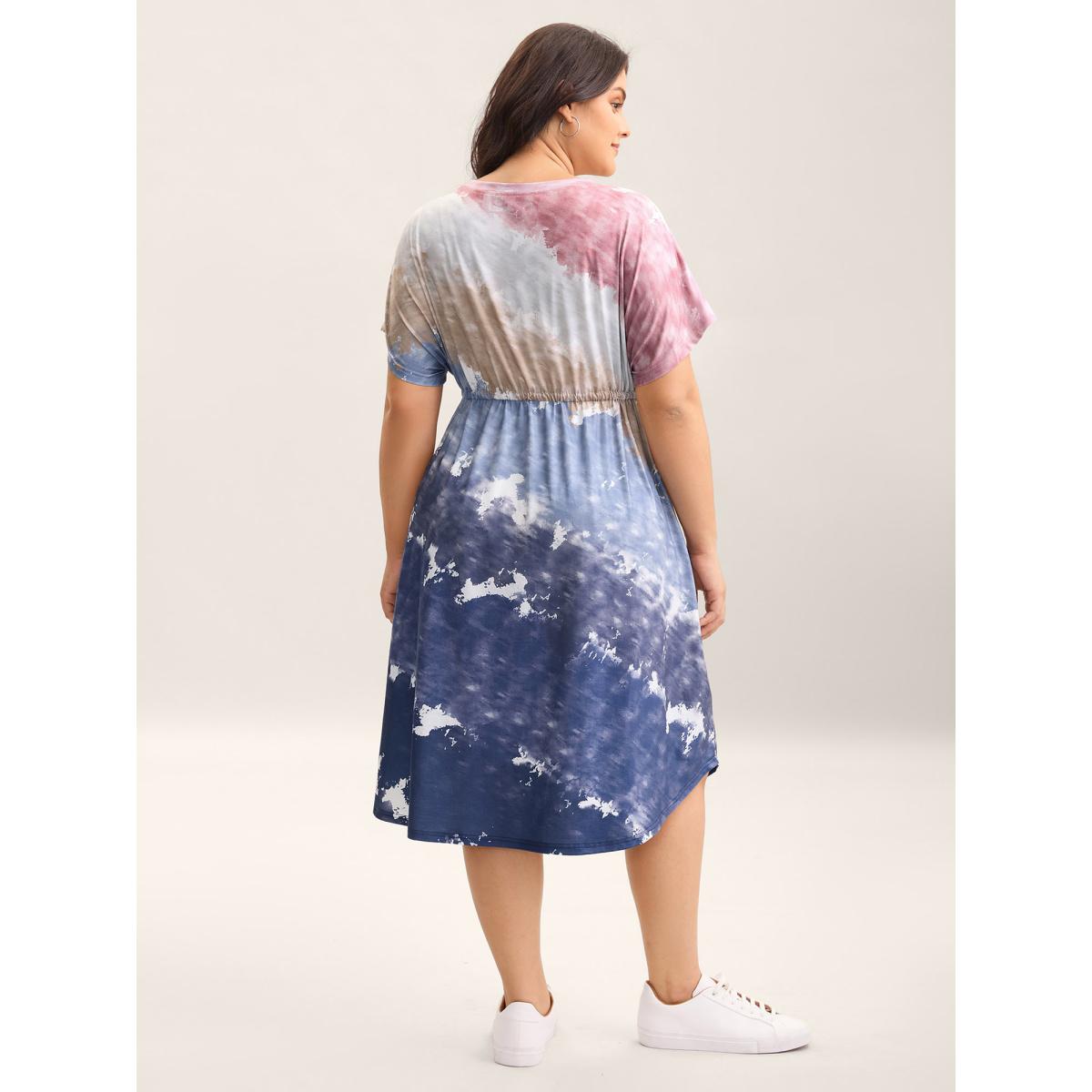 Plus Size Colorful Stripes Waist-Tie Midi Dress Multicolor Women Round Neck Short sleeve Curvy BloomChic 18-20/2X Product Image