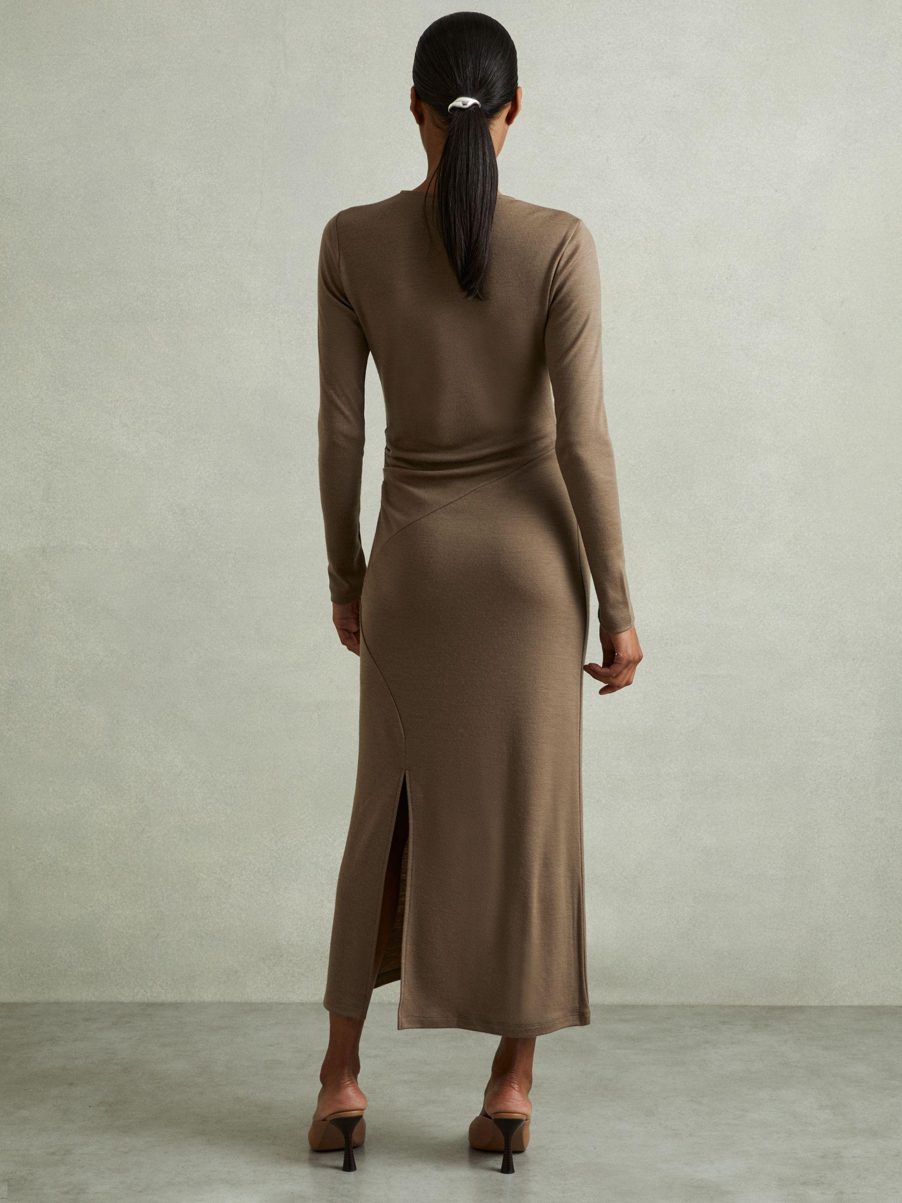 Wool Ruche Detail Midi Dress in Camel Product Image