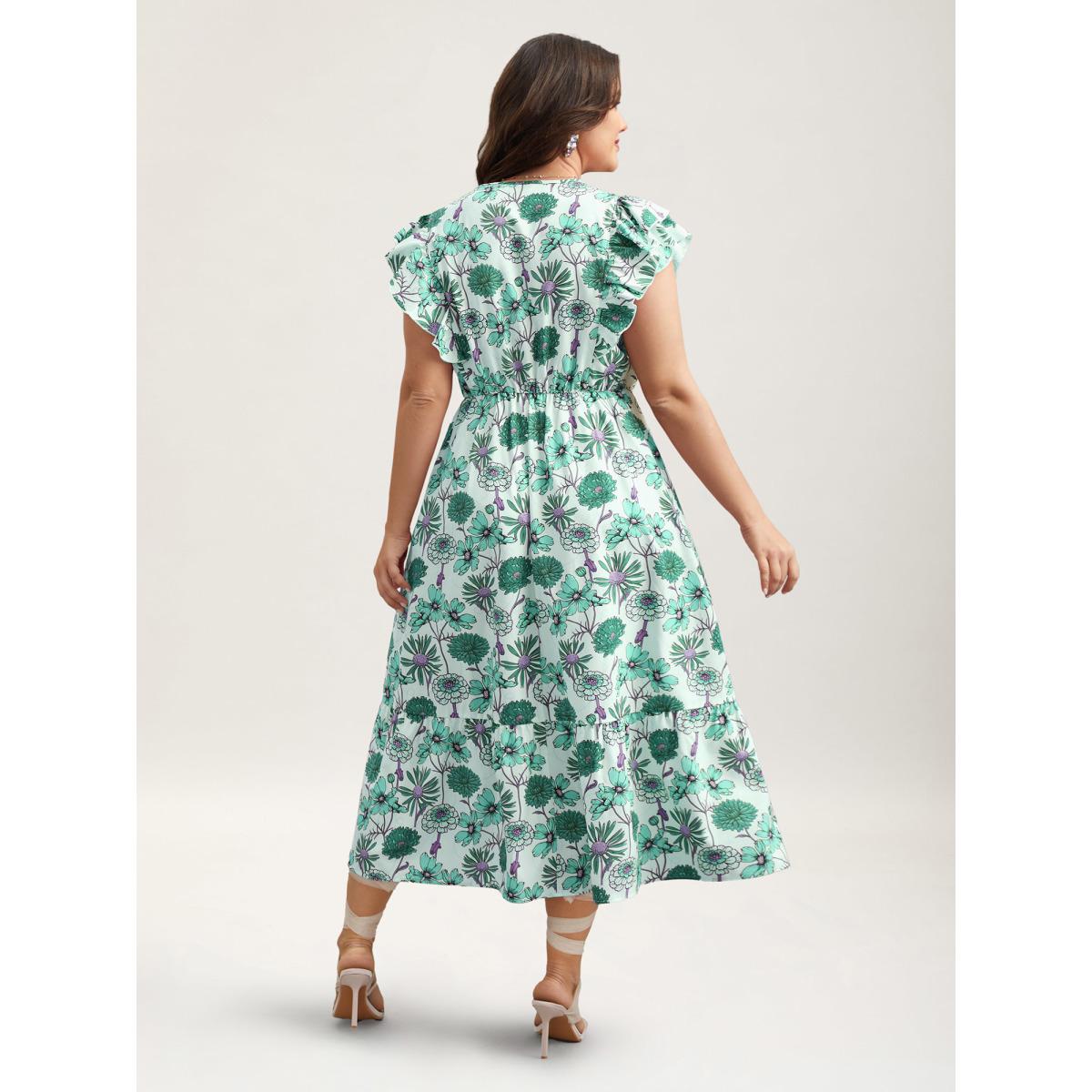 Plus Size Ruffled Floral Print Stretchy-Waist Midi Dress Turquoise Women Romantic Ruffles Round Neck Cap Sleeve Curvy BloomChic 12/L Product Image
