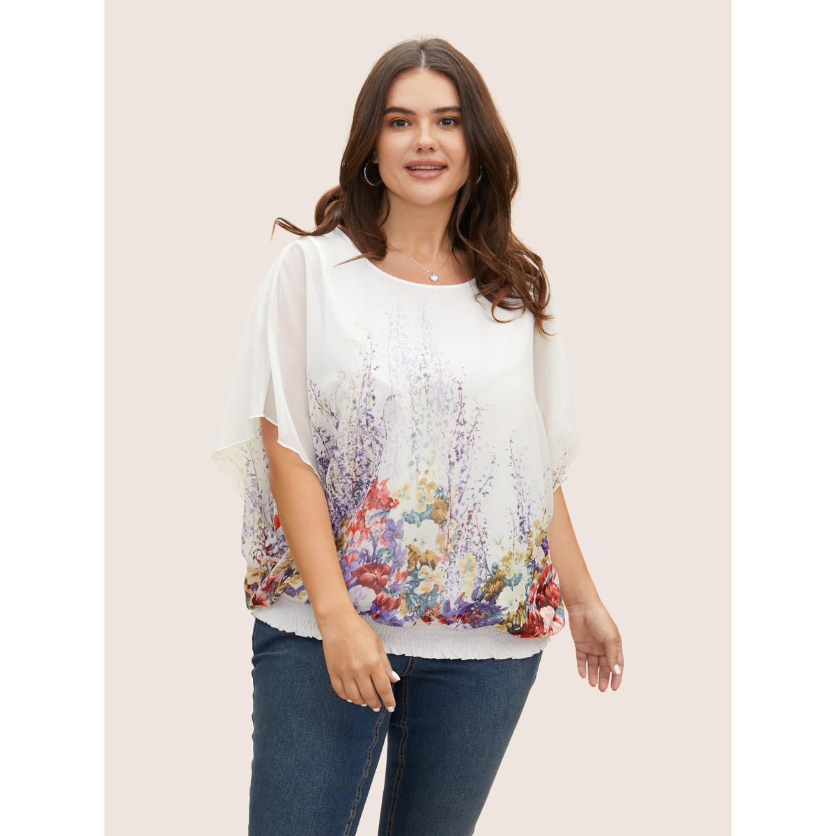 Plus Size WhiteSmoke Pixel Flower Shirred Batwing Sleeve Blouse Women Elegant Half Sleeve U-neck Everyday Blouses BloomChic 14-16/1X Product Image