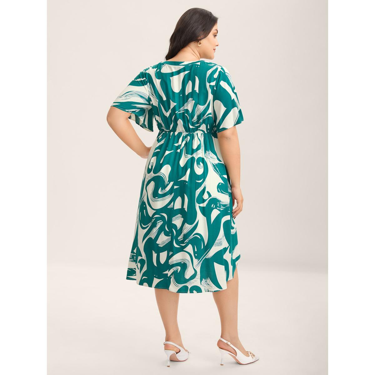 Plus Size Rayon Geometric Print Midi Dress Teal Women Flat collar with V-notch Short sleeve Curvy BloomChic 14-16/1X Product Image