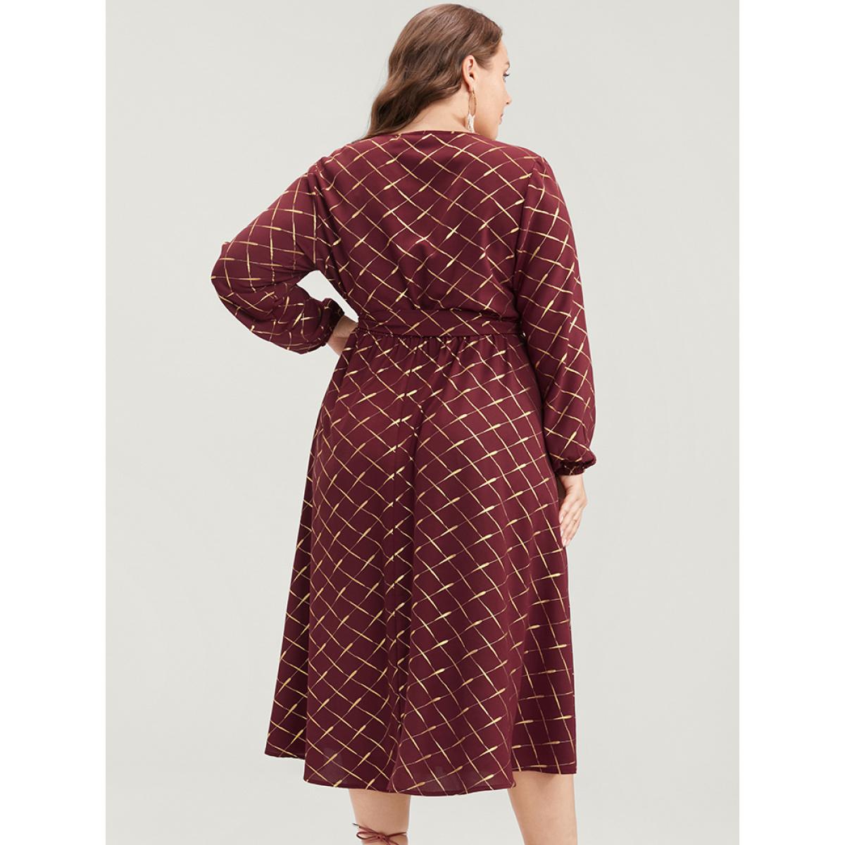 Plus Size Geometric Lantern Sleeve Pocket Keyhole Round Neck Belted Dress Scarlet Women Party Elastic Waist Round Neck Long Sleeve Curvy Midi Dress BloomChic 10/M Product Image