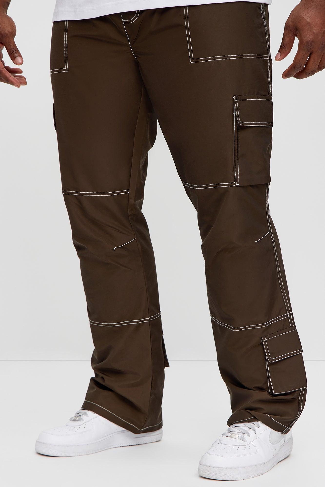 Contrast Stitch Nylon Flared Cargo Pants - Brown Product Image